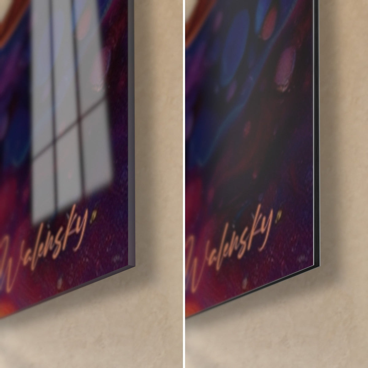 Schilderij besneeuwde top onder een gouden hemellichaam, rechtsonder: glanzend acrylglas links, mat Dibond-aluminium rechts, 3 mm rand