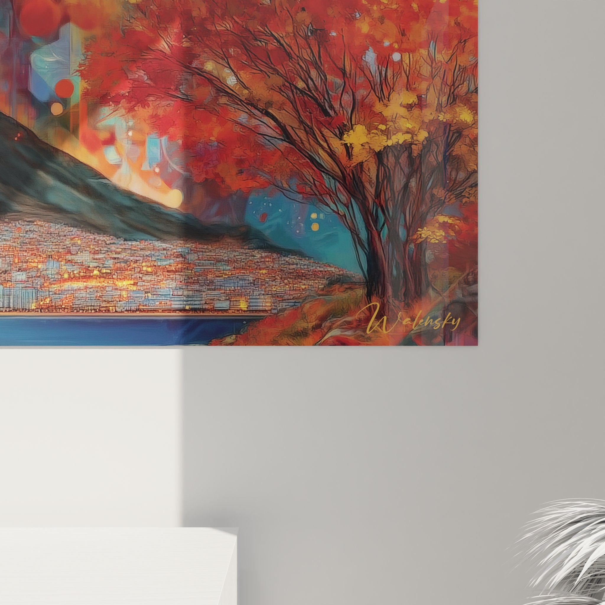 Complete view of panoramic abstract mountain painting, colorful wall art modern interior decoration