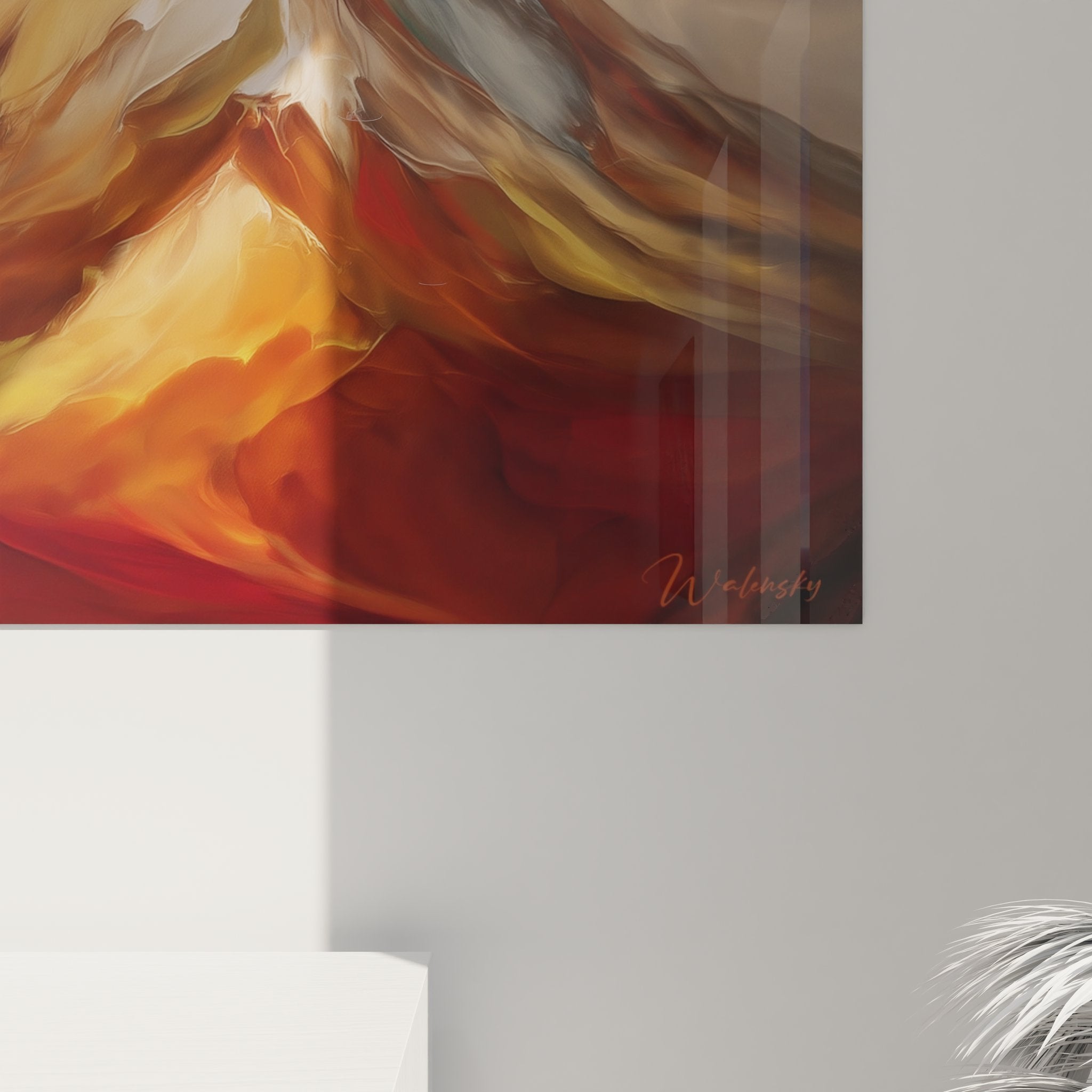 Vue d'ensemble tableau montagne abstraite, œuvre d'art mural paysage aux couleurs chaudes et formes organiques