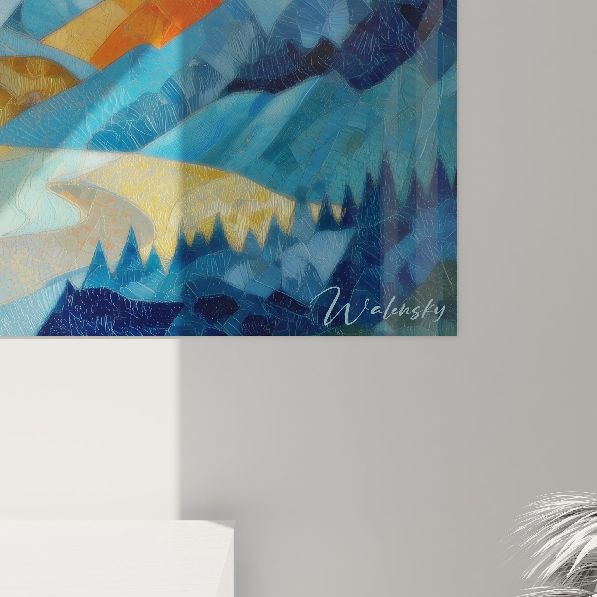 Vue ensemble tableau montagne décoratif art mural moderne paysage alpin stylisé décoration intérieure