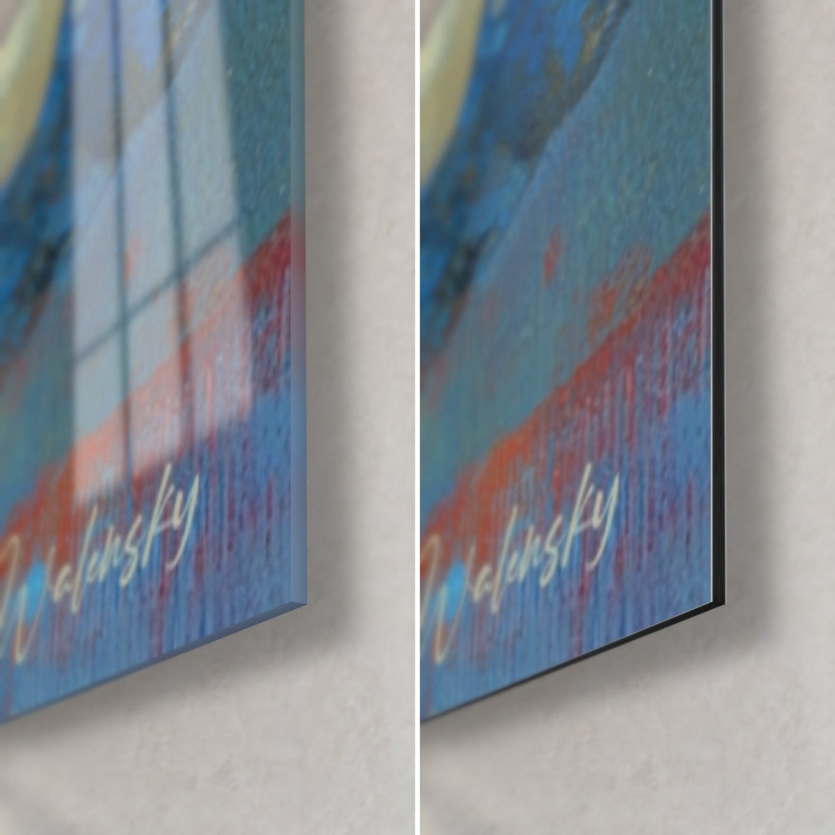 Wall art Frosted mountain in cobalt tones, bottom right corner: glossy acrylic glass reflecting light and matte black Dibond