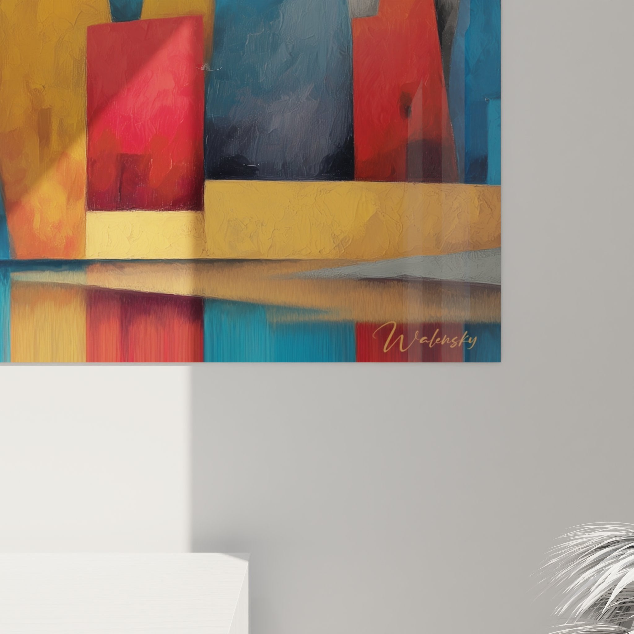 Vue ensemble tableau montagne géométrique, art contemporain paysage stylisé décoration murale moderne