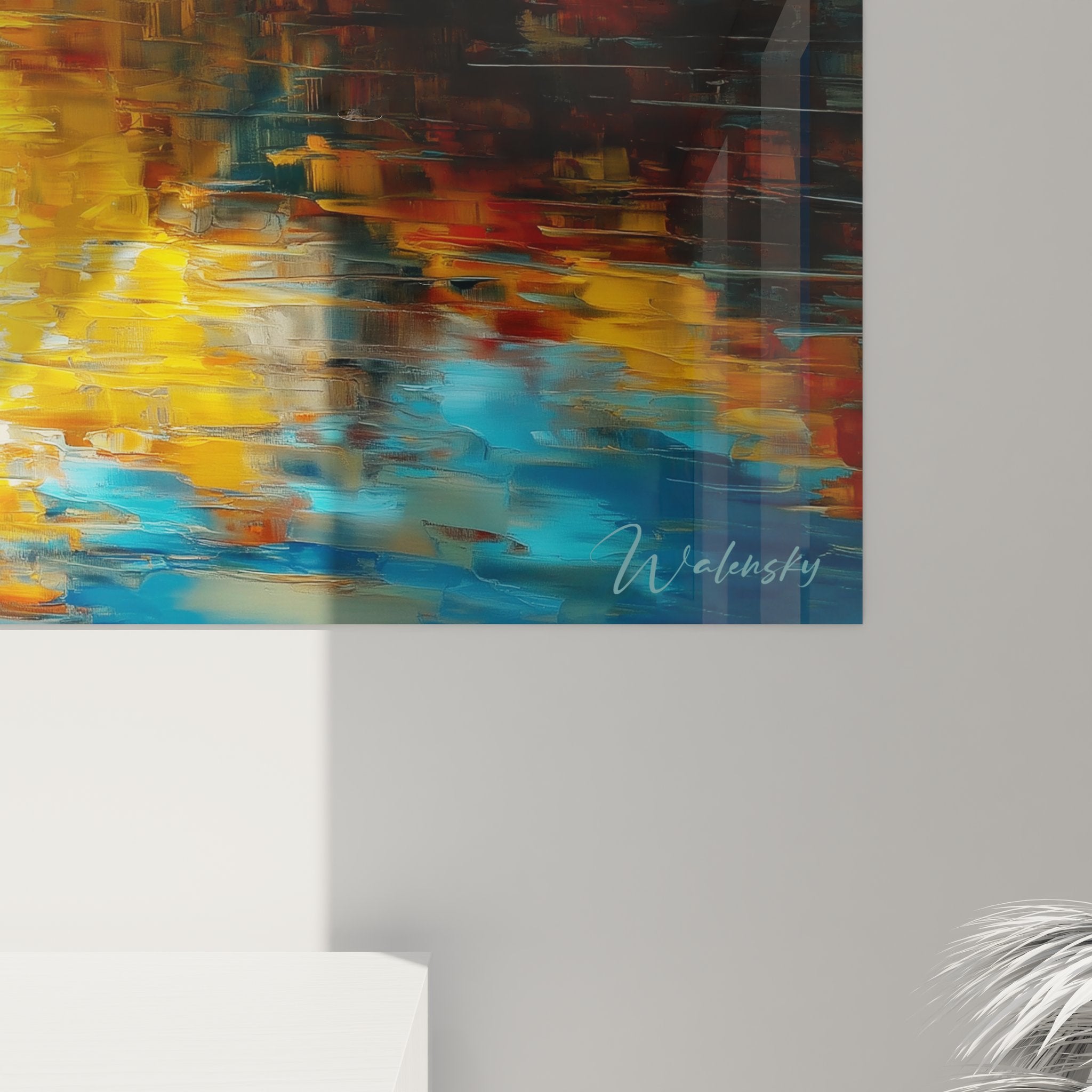 Vue ensemble tableau lac alpin doré - Art mural montagne avec sommets enneigés et reflets eau