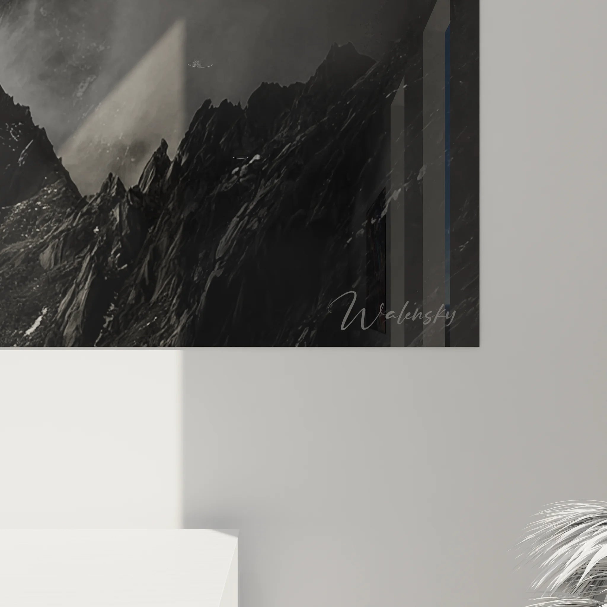 Vue ensemble tableau montagne noir blanc pic rocheux majestueux art mural paysage naturel décoration moderne