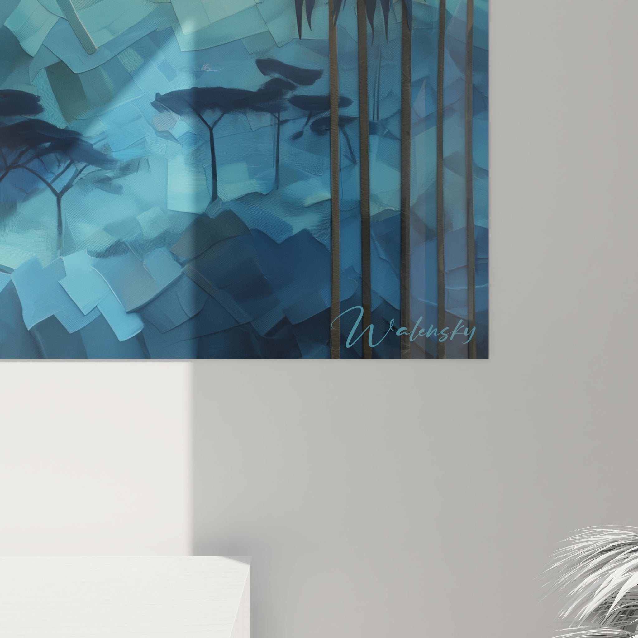 Vue ensemble tableau mural montagne tropicale géométrique décoration intérieur moderne palmiers