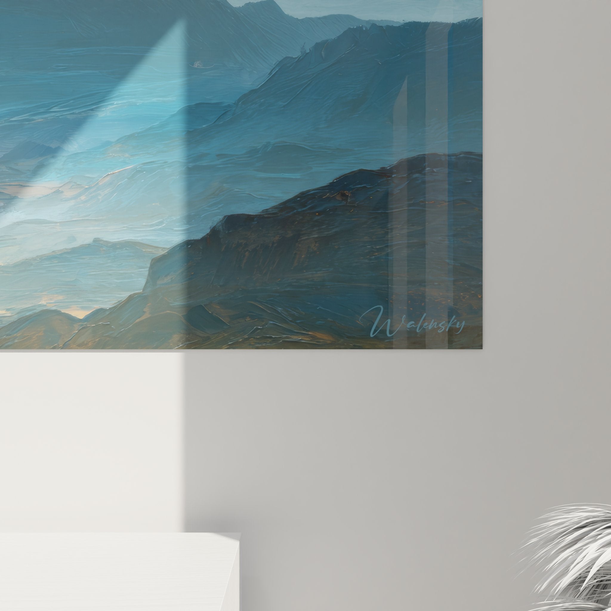 Vue ensemble tableau mural montagnes panoramique décoration paysage naturel tons bleus ambiance sereine