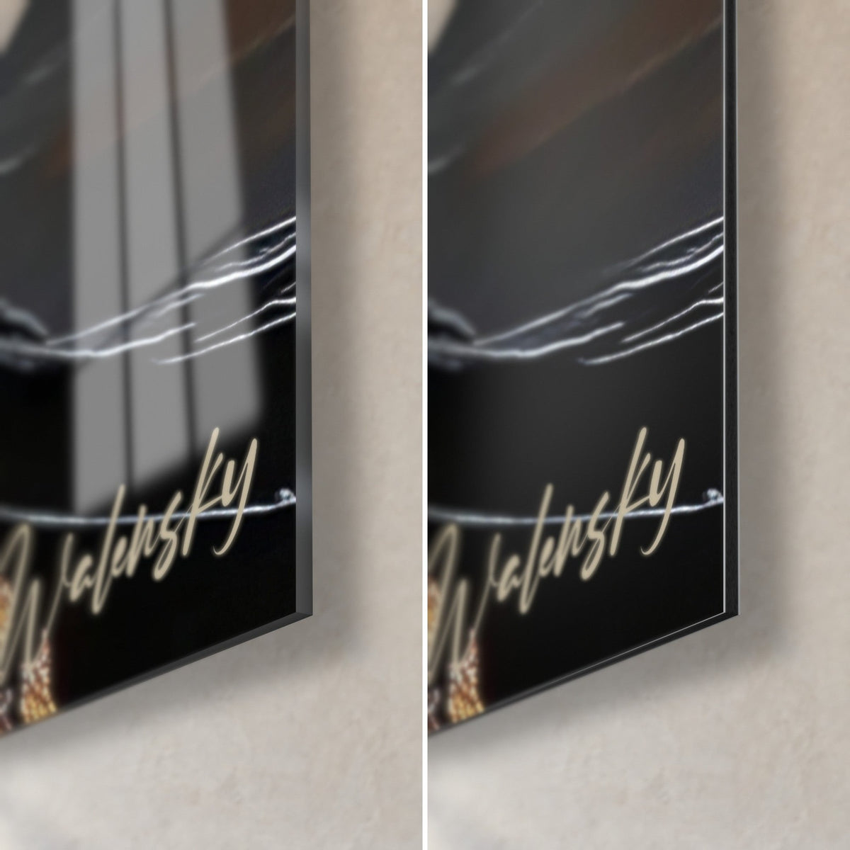 Wall art with gold cast on glossy black, Walensky signature bottom right, acrylic glass reflecting on the left, matte Dibond on the right