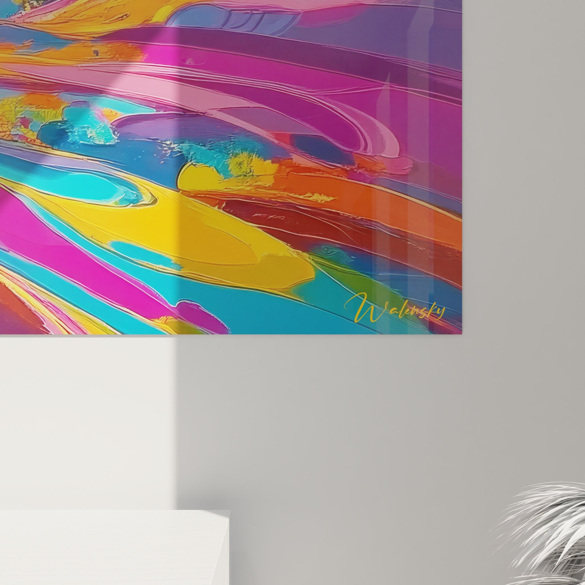 Vue ensemble tableau mural abstrait tourbillon coloré art moderne décoration intérieure contemporaine