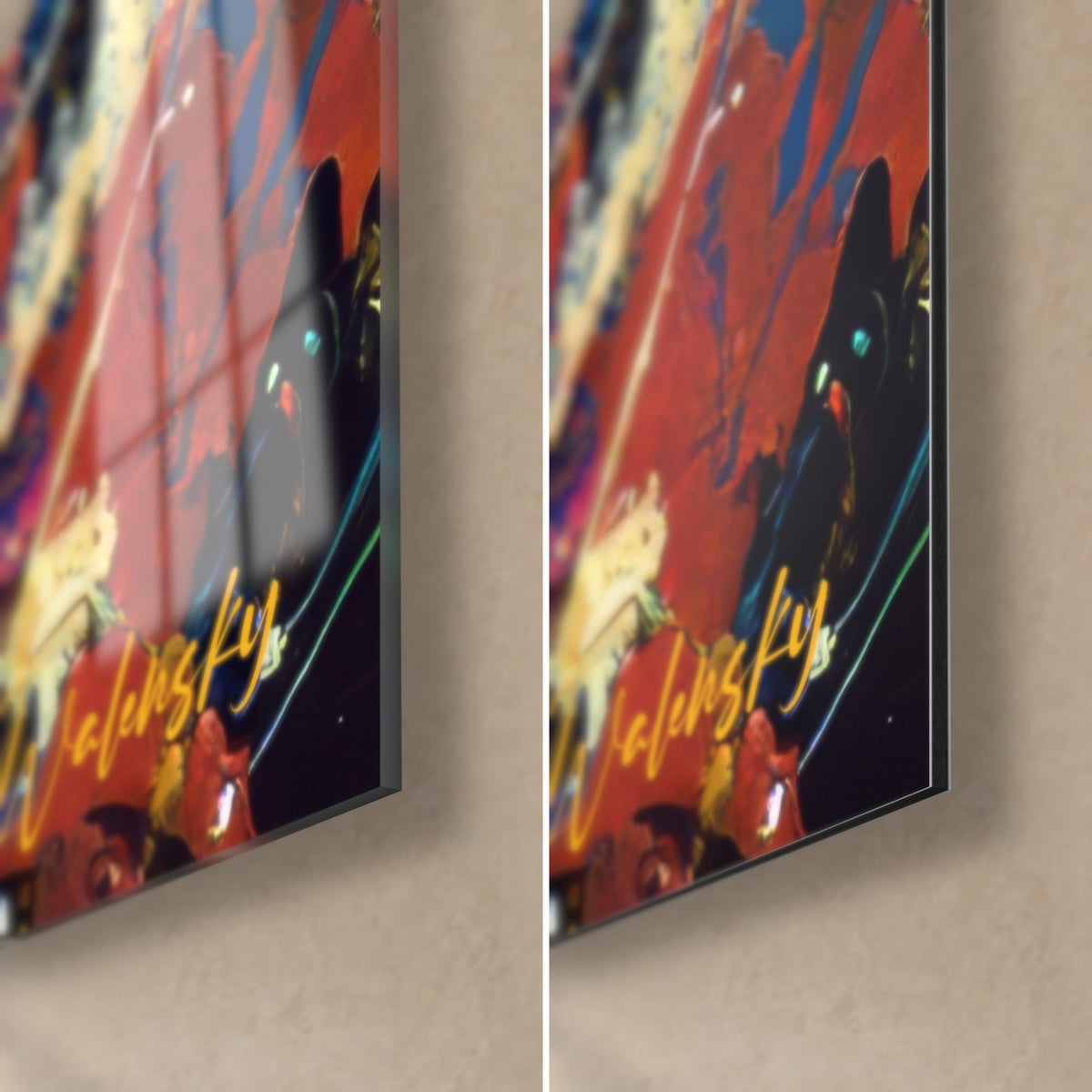 Schilderij met mosterdgele en vermiljoenrode verfspetters, rechter onderhoek, glanzend glas en mat Dibond, dikte 3 mm