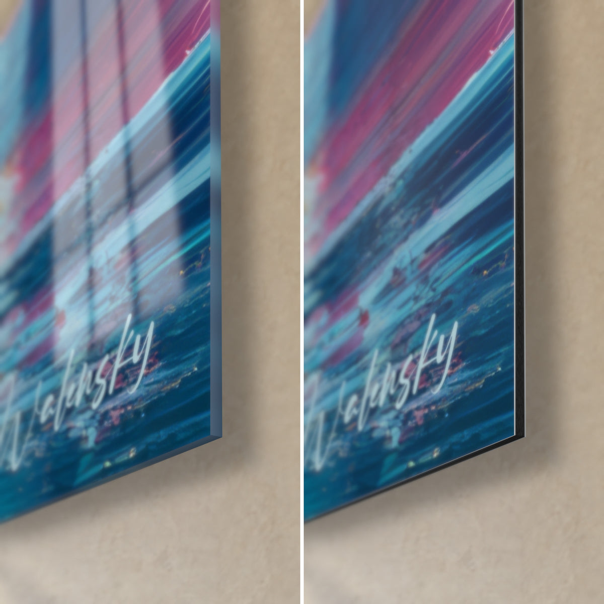 Wall art abstract palette-knife painting, bottom right corner petrol blue streaked with pink, shiny glass on the left, matte Dibond on the right, 3 mm edge