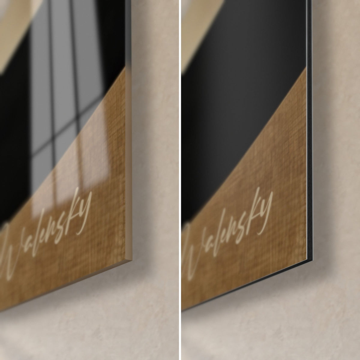 Wall art with rolling dunes in deep black and golden sand, bottom right corner: glossy acrylic glass on the left, matte Dibond on the right