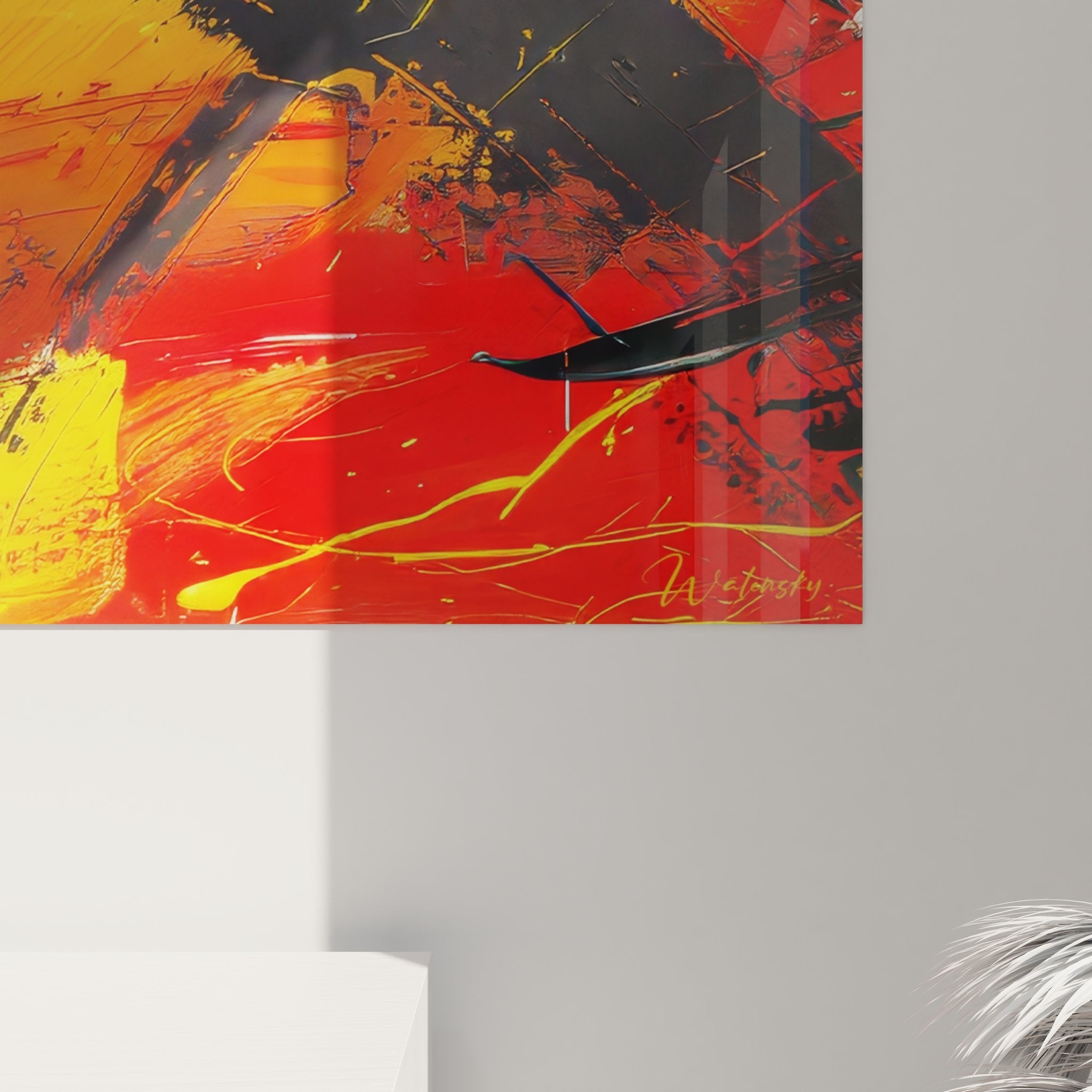 Vue d'ensemble tableau abstrait expressionniste mural, œuvre d'art moderne orange et noir pour intérieur