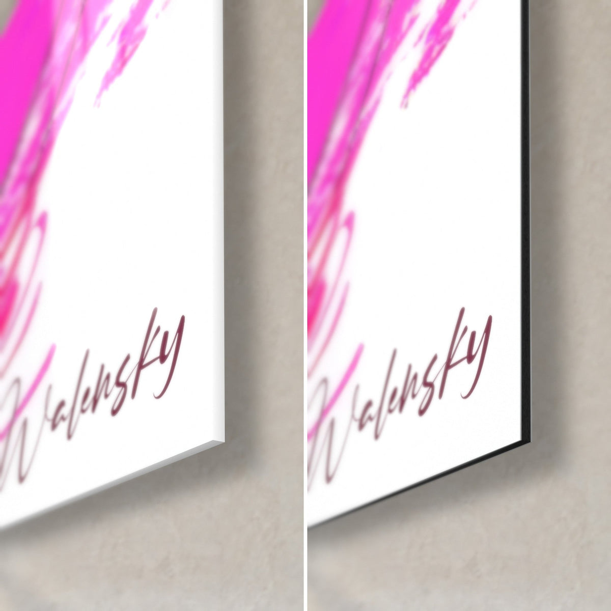 Wall art abstract drawing, bottom right corner: fuchsia and Walensky signature, glossy glass on the left, matte black Dibond on the right