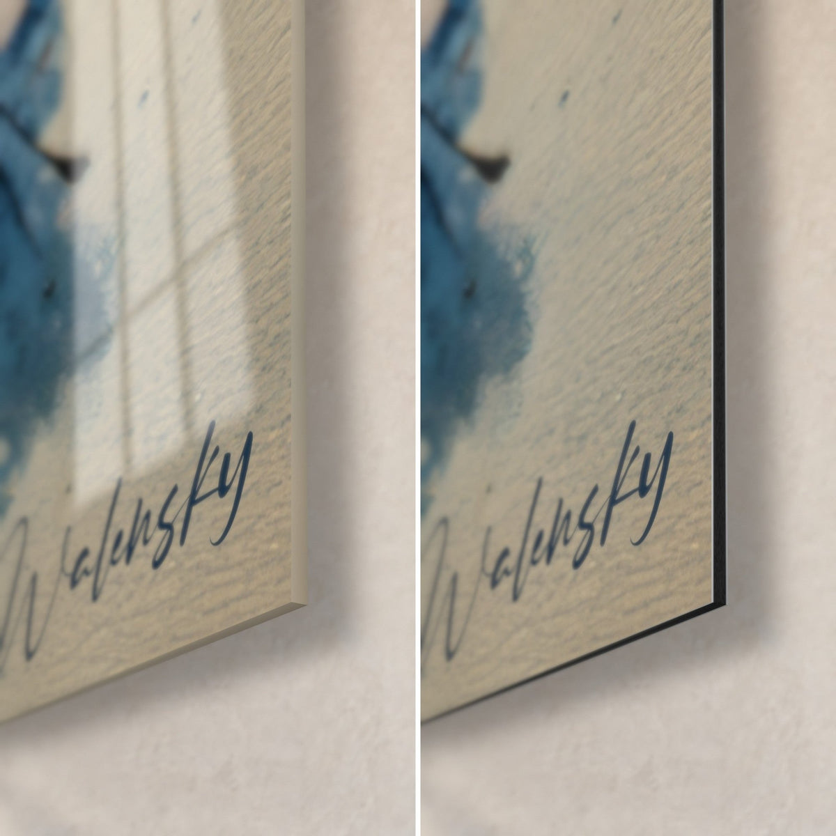 Wall art abstract composition in black, blue and orange, bottom right corner, Walensky signature, glossy acrylic glass and matte 3 mm Dibond aluminum