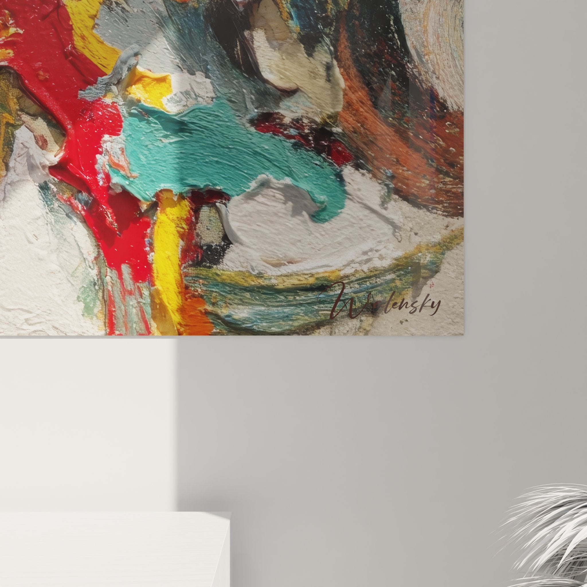 Vue ensemble tableau mural abstrait, composition colorée dynamique pour décoration intérieure