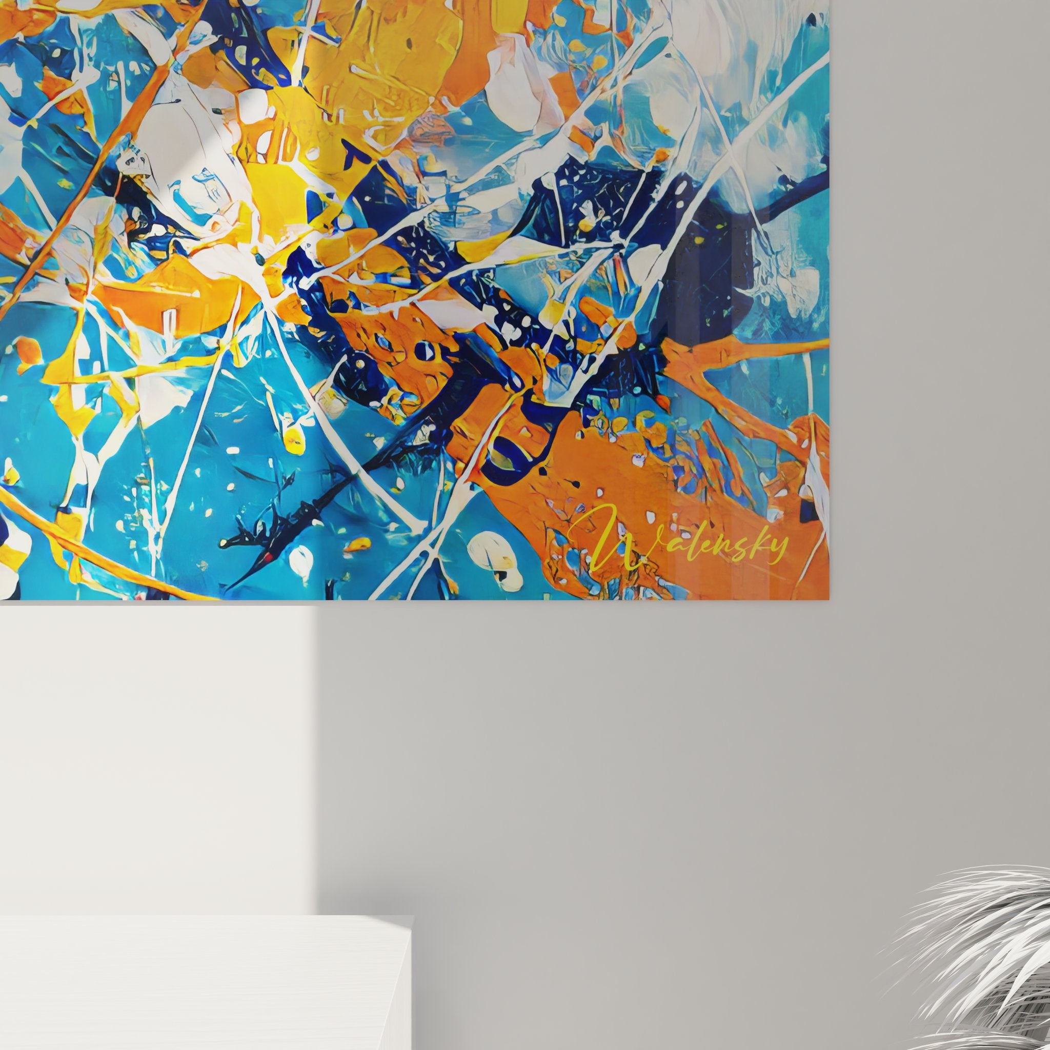 Vue ensemble tableau mural abstrait explosion couleurs orange bleu art contemporain décoratif