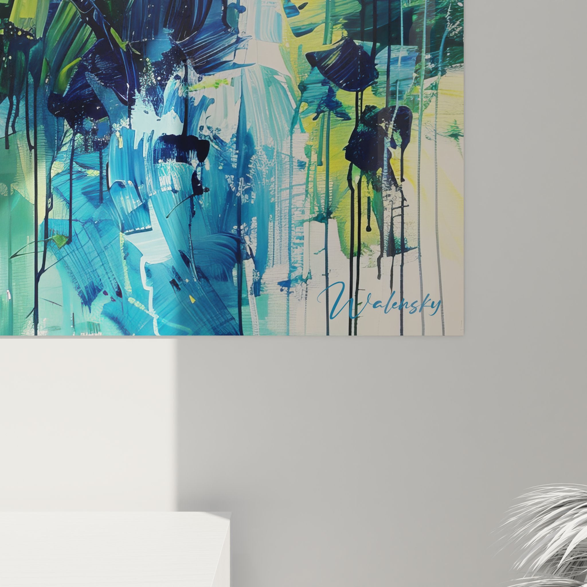 Vue d'ensemble tableau mural abstrait expressionniste bleu dans intérieur contemporain décoré