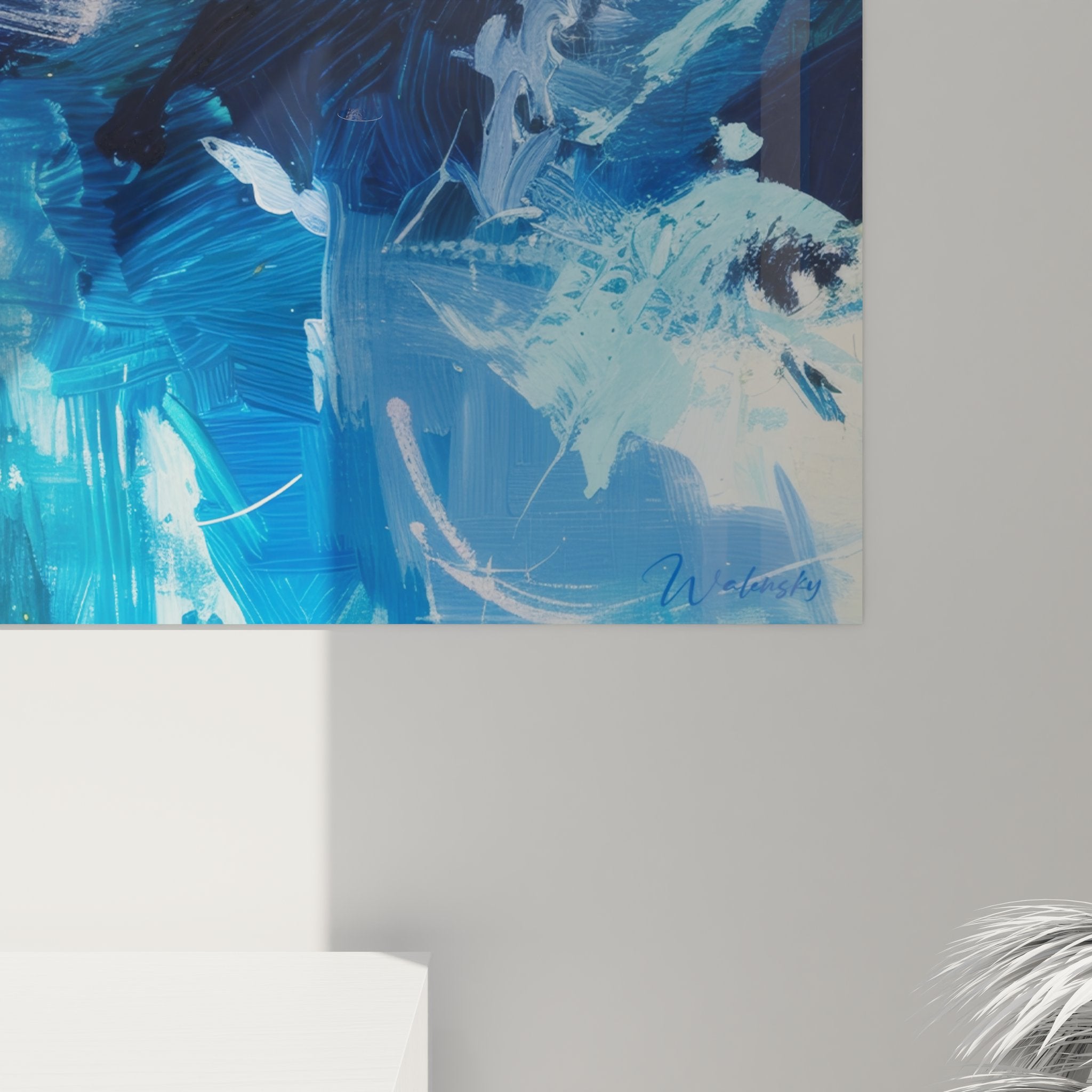 Vue ensemble tableau mural abstrait expressionniste couleurs bleu jaune vert