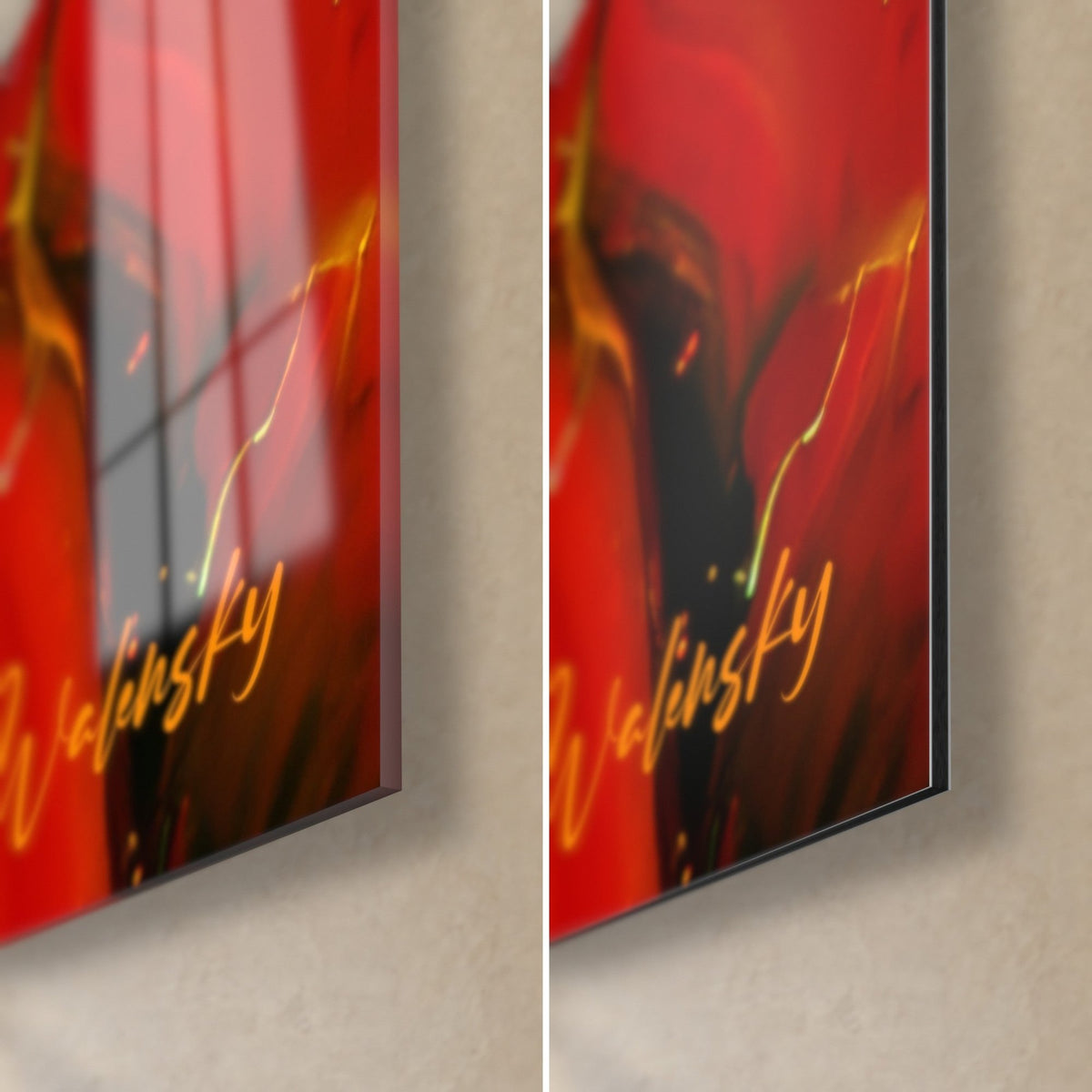Wall art red and golden yellow abstract painting, bottom right corner, Walensky signature, glossy acrylic glass and matte Dibond, 3 mm thickness
