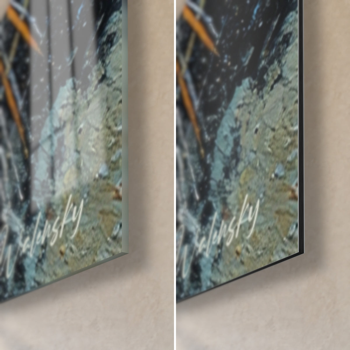 Tableau composition abstraite noire et jaune, coin bas droit en verre brillant à reflets et Dibond mat, tranche de 3 mm