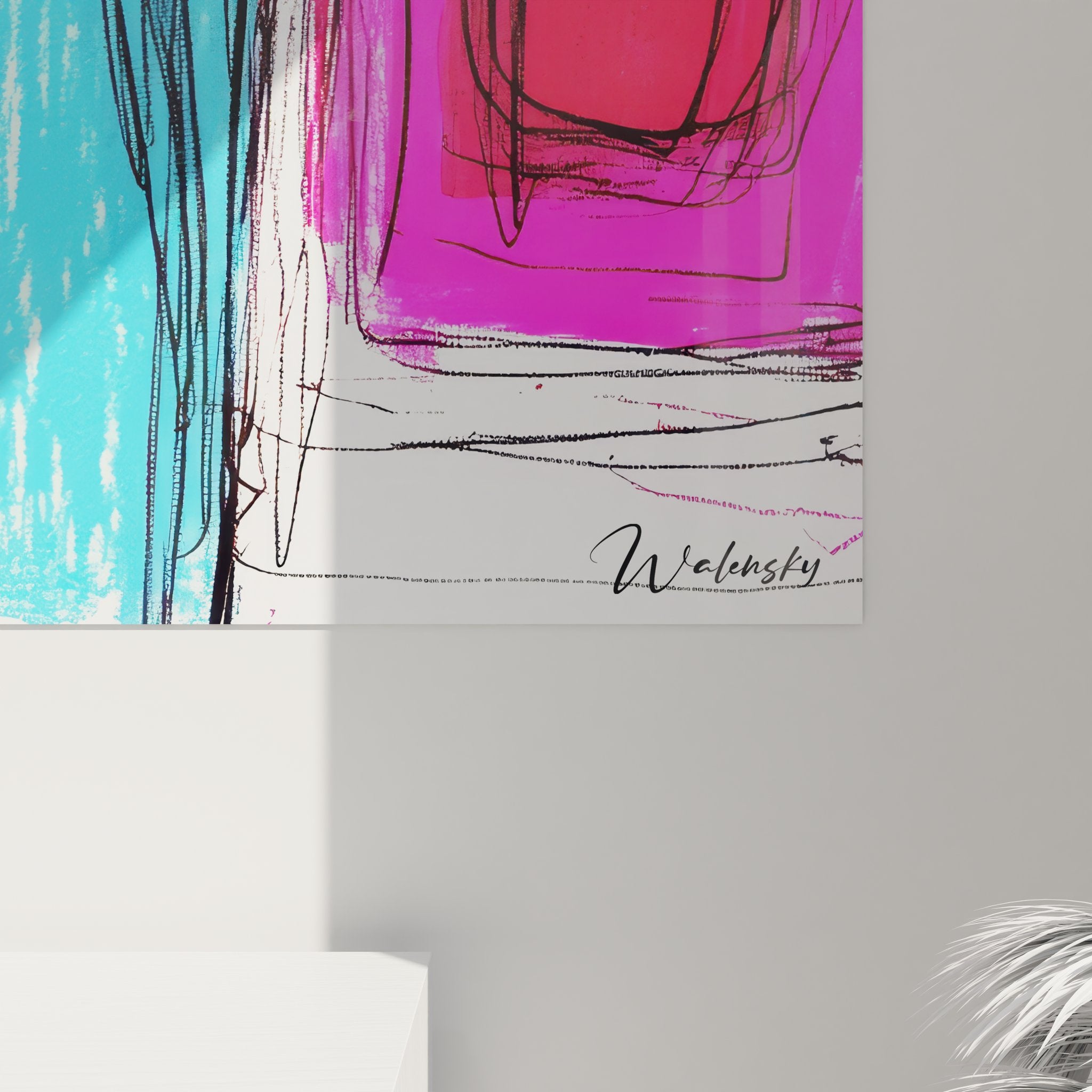 Vue d'ensemble tableau mural abstrait géométrique avec composition colorée rose bleu orange sur fond blanc