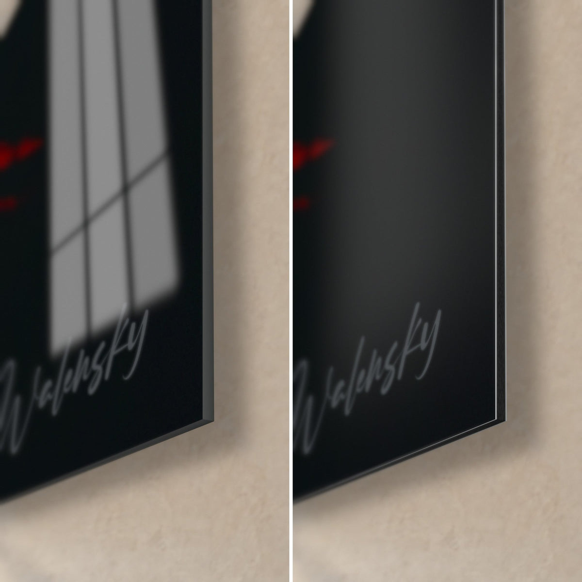 Wall art abstract white and black ridge, bottom right corner in glossy reflective glass and matte Dibond aluminium, 3 mm edge