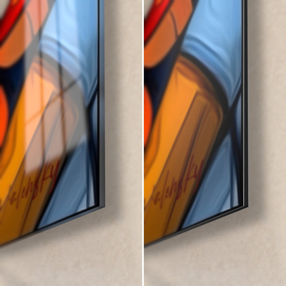 Quadro petali rosso vivo e arancio con contorno nero, angolo in basso a destra: vetro lucido a sinistra, Dibond opaco a destra