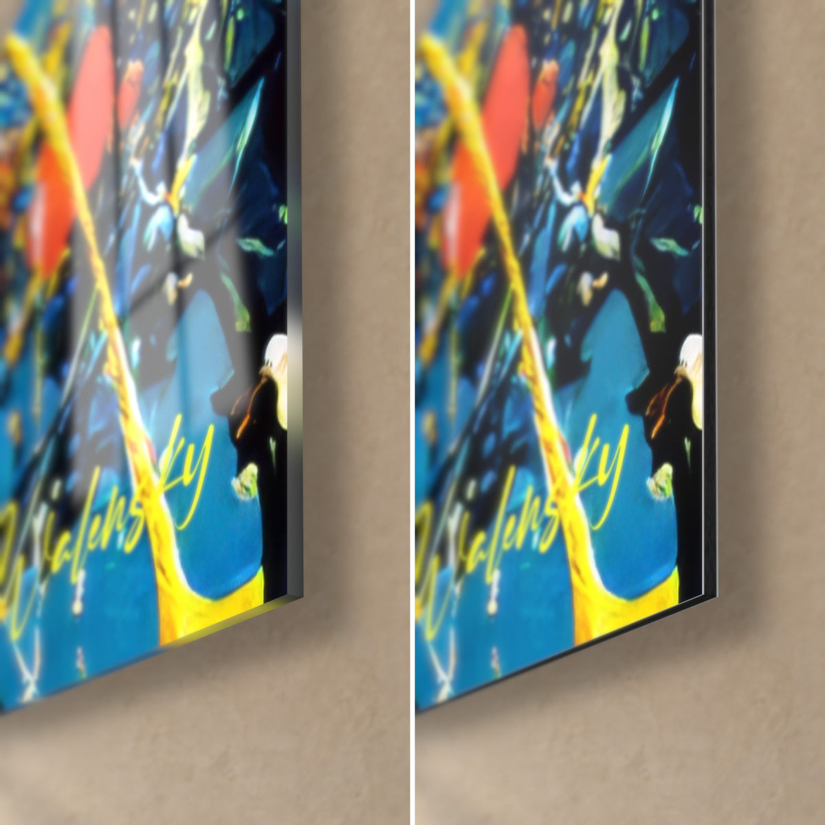 Gemälde mit gelber und blauer abstrakter Malerei, untere rechte Ecke: glänzendes Acrylglas links, matter Alu-Dibond rechts, 3 mm Kante