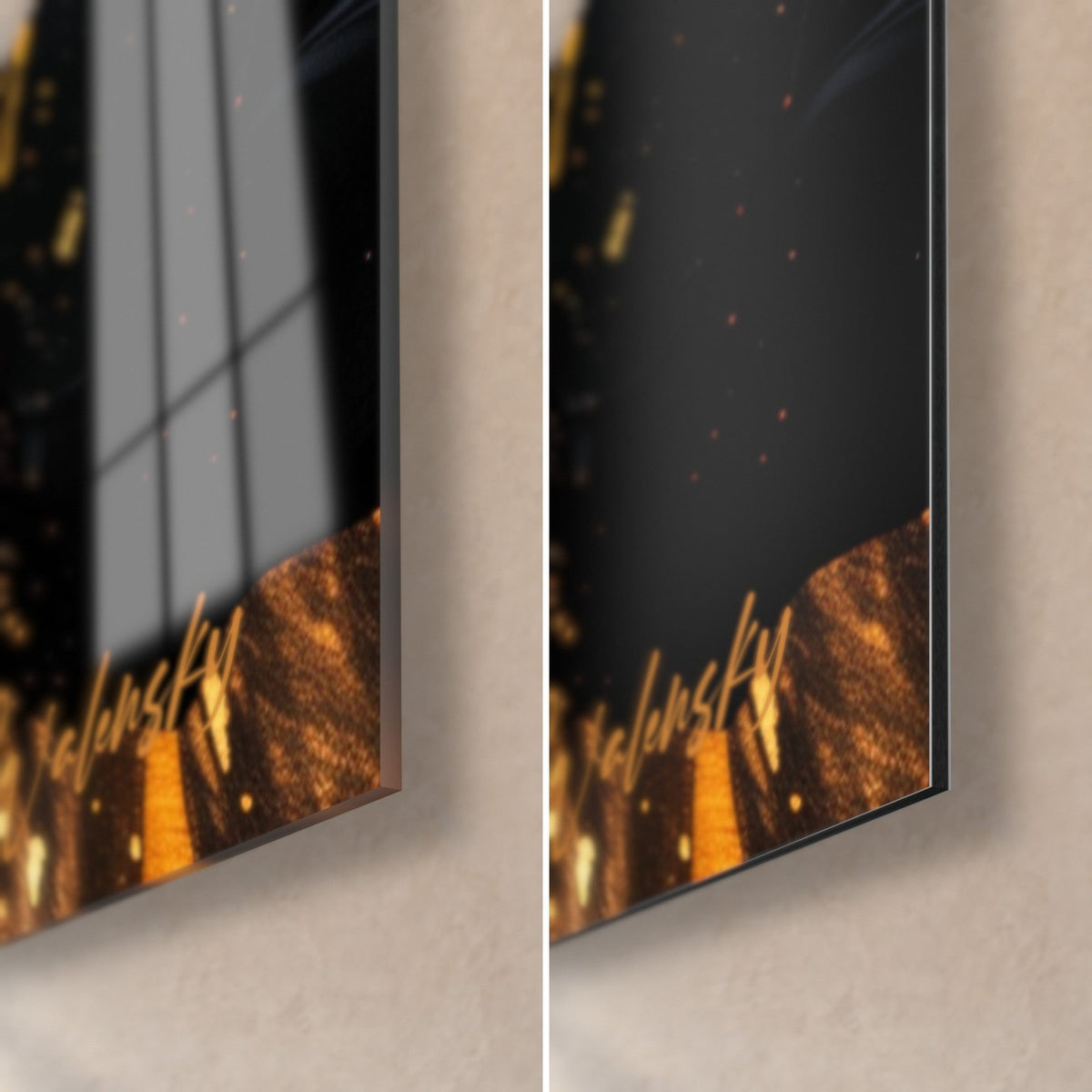 Tableau veines d'or sur noir brillant, coin bas droit : verre acrylique à reflets à gauche, alu Dibond mat à droite, tranche de 3 mm