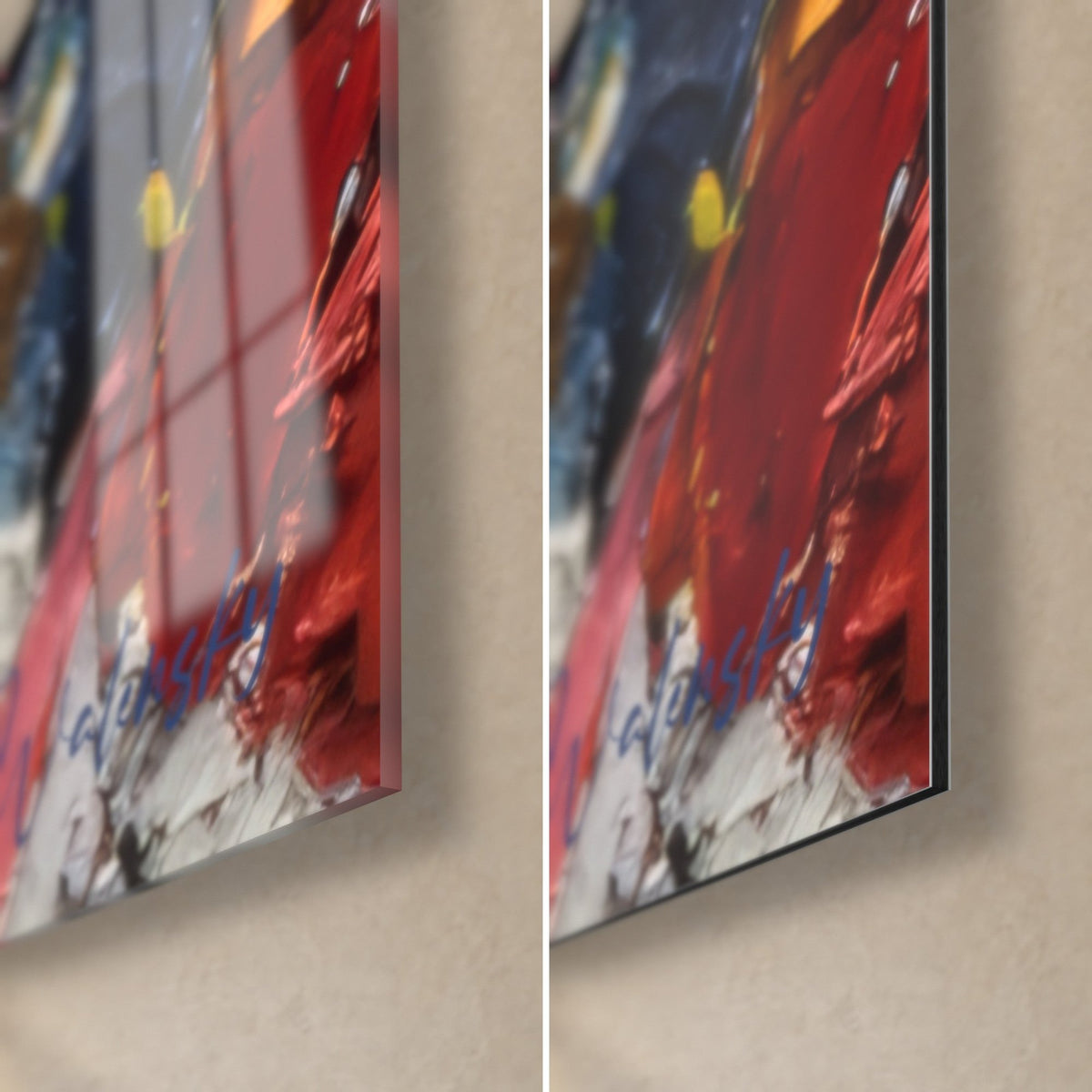 Gemälde abstrakte Malerei in Nahaufnahme, untere rechte Ecke: glänzendes Acrylglas links, mattschwarzes Dibond rechts, 3 mm Kante