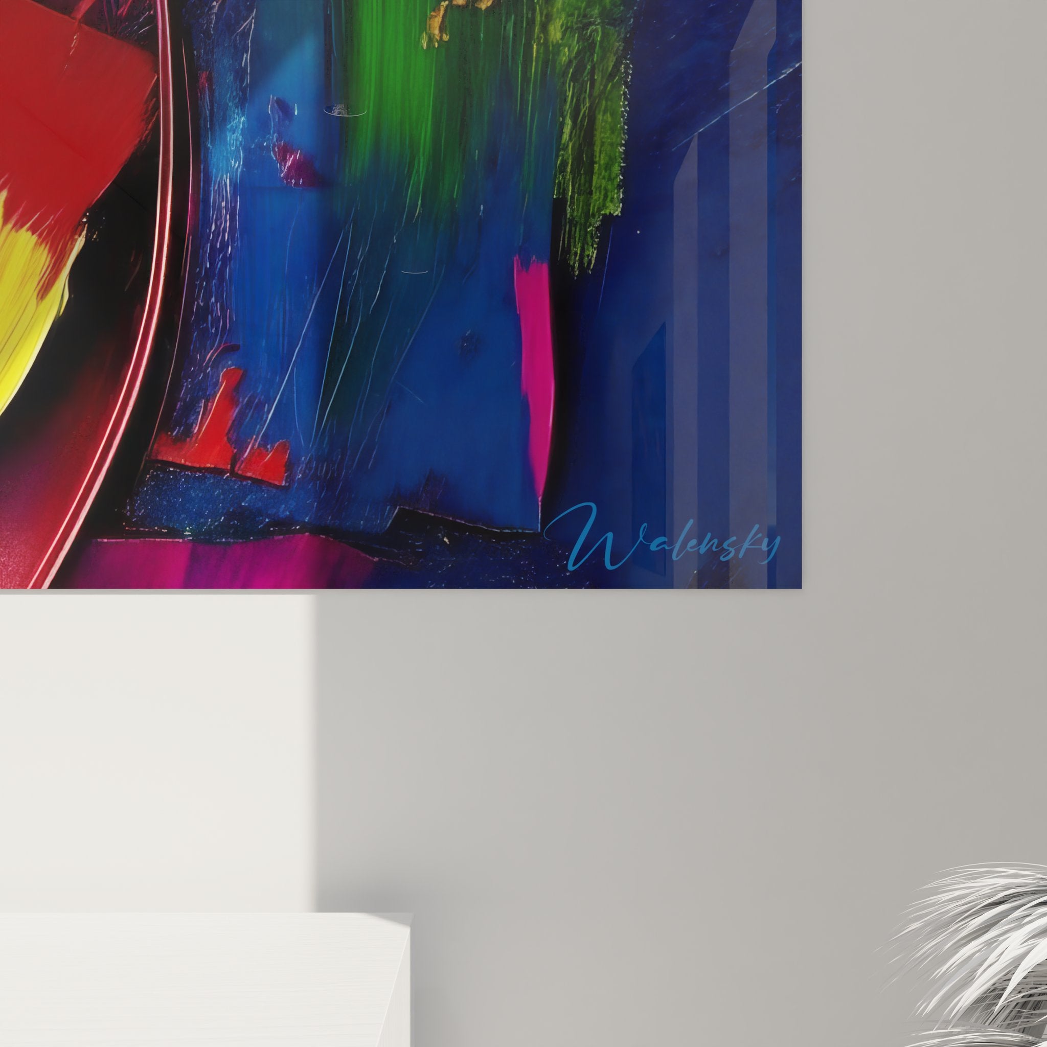Vue ensemble tableau mural abstrait tourbillon multicolore composition dynamique art contemporain