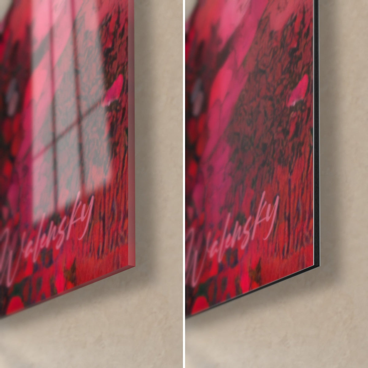 Wall art abstract pink and black DNA strand, bottom right corner in glossy glass with reflections and matte Dibond aluminium, 3 mm edge