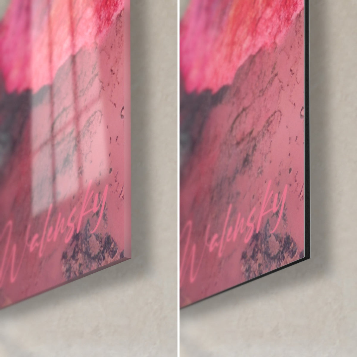 Gemälde DNA-Strang in leuchtendem Rosa und Nachtblau, untere rechte Ecke: glänzendes Acrylglas links, mattes Dibond-Aluminium rechts, 3 mm Kantenstärke