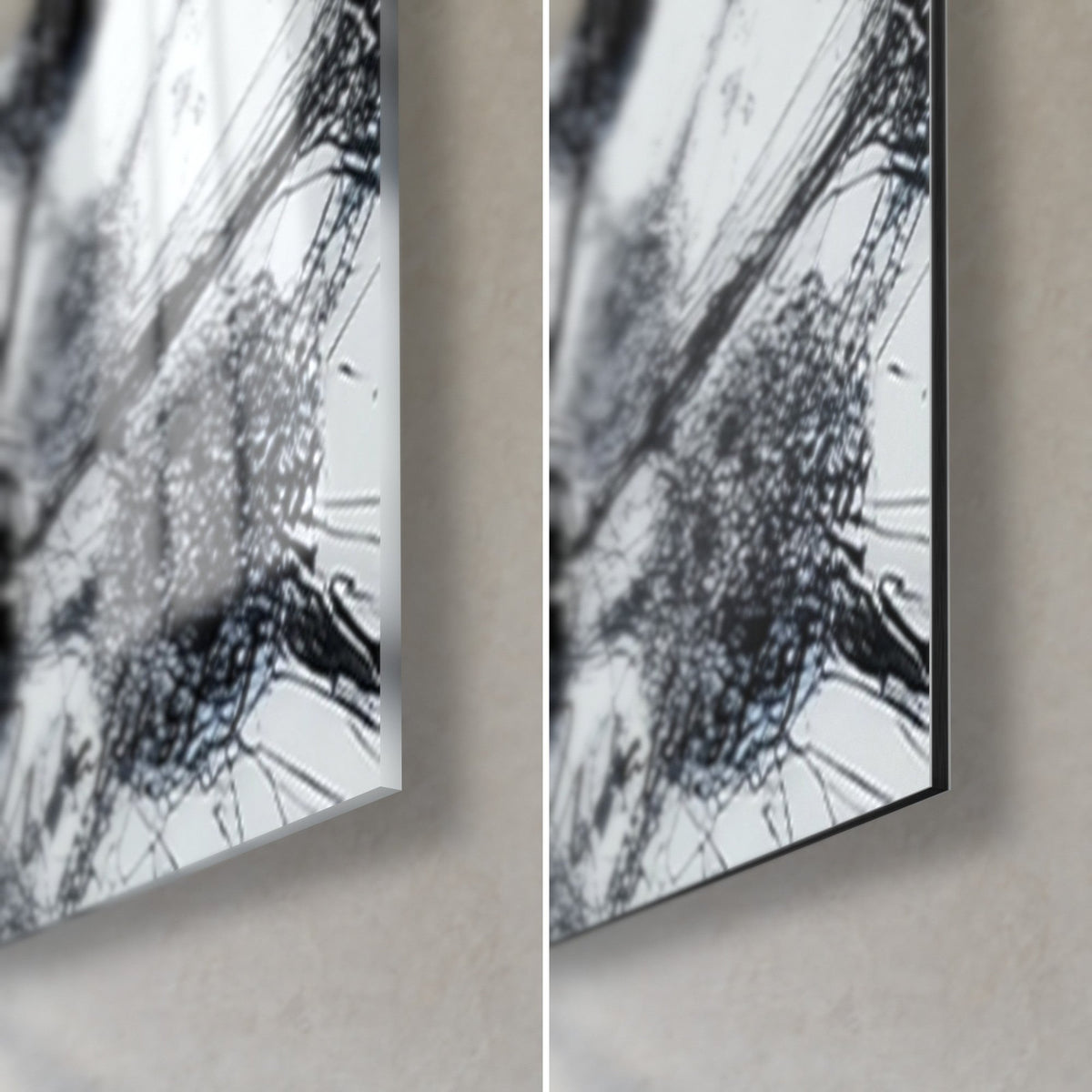 Cuadro hebra de ADN en blanco y negro, esquina inferior derecha: reflejos en cristal acrílico a la izquierda, aluminio Dibond mate a la derecha, borde negro