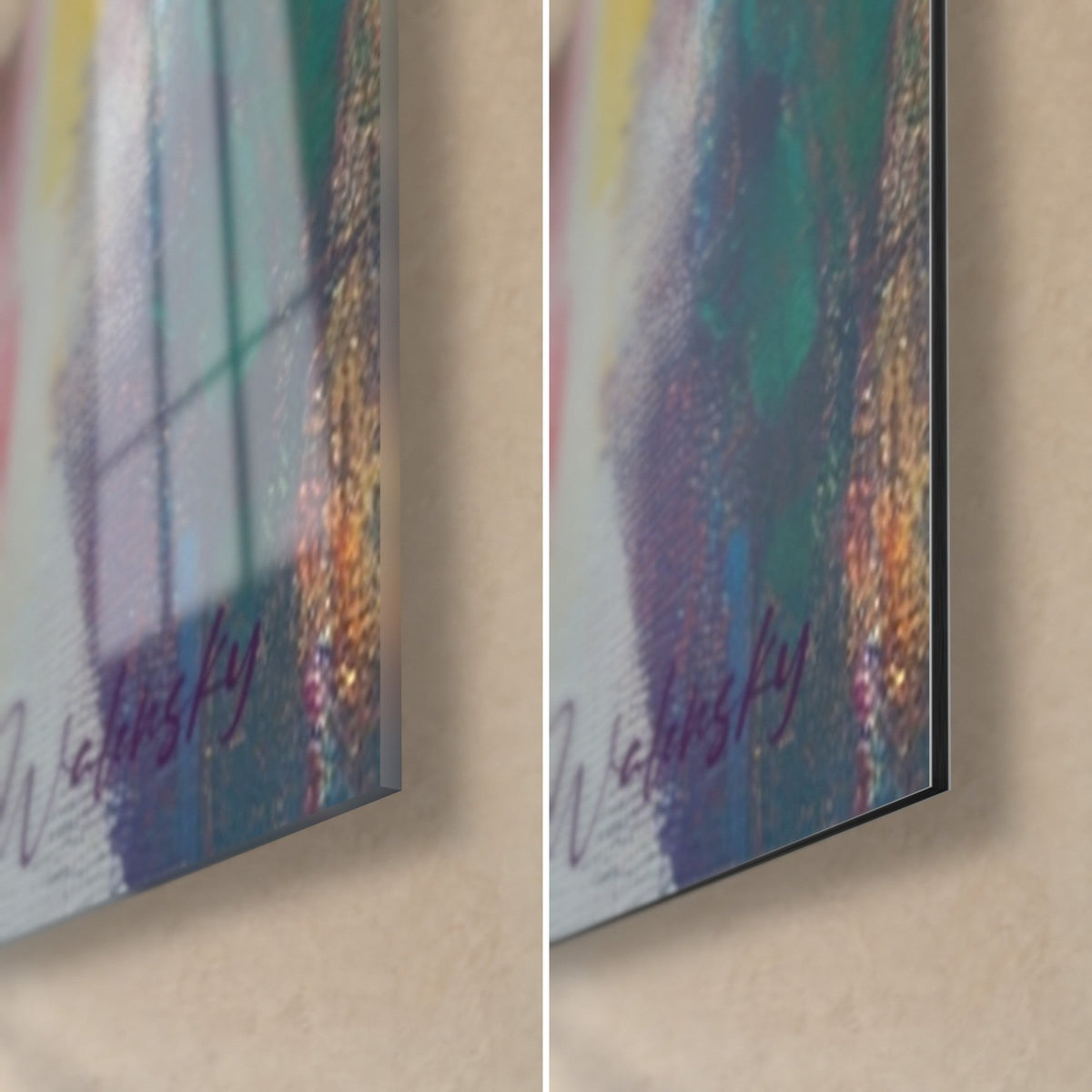 Tableau brin d'ADN abstrait, coin bas droit : violet et turquoise éclatants, verre brillant à gauche, Dibond mat à droite, tranche de 3 mm