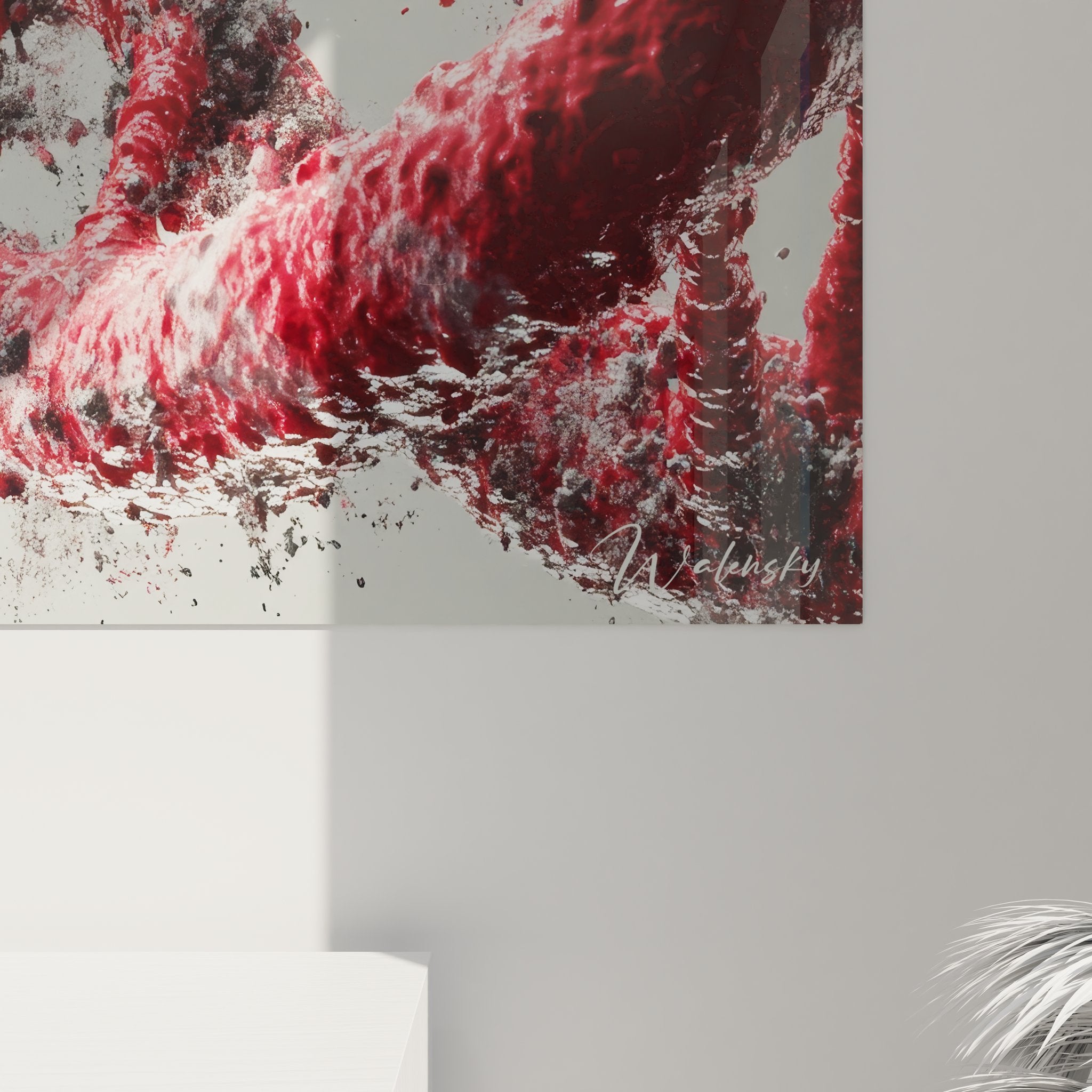 Vue d'ensemble tableau mural ADN explosante rouge décorant un intérieur moderne avec style contemporain