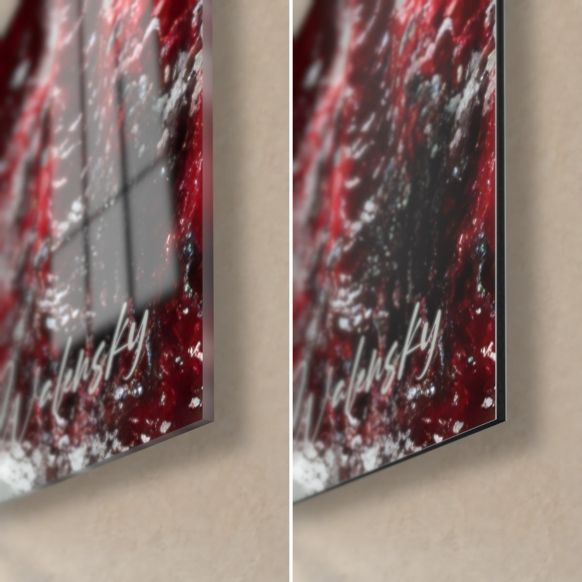 Wall art blood-red DNA molecule, lower right corner, glossy acrylic glass with reflections against matte grey Dibond, 3 mm edge