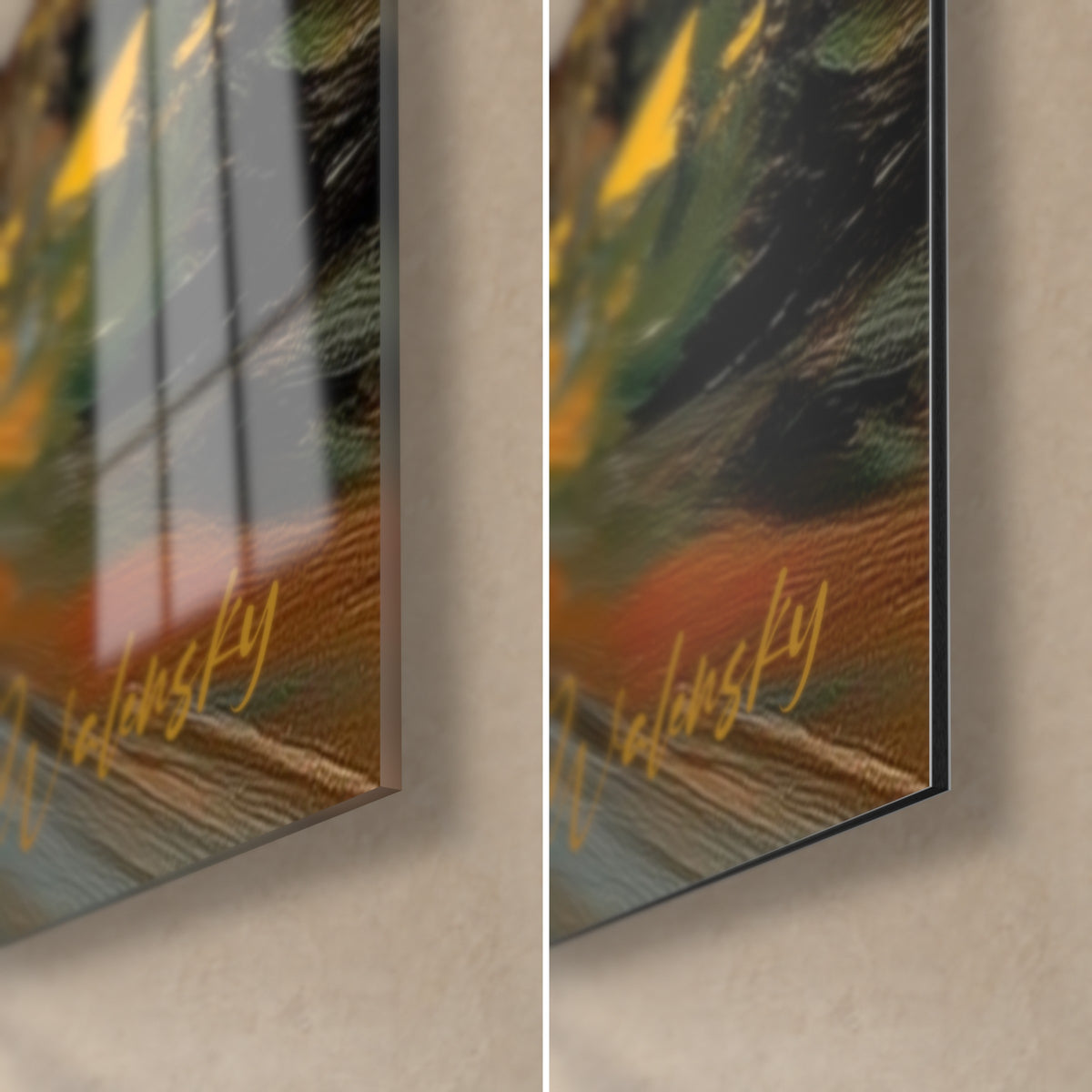 Schilderij herfstbos, rechter benedenhoek: glanzend acrylglas links, mat okergroen aluminium Dibond rechts, zichtbare rand van 3 mm