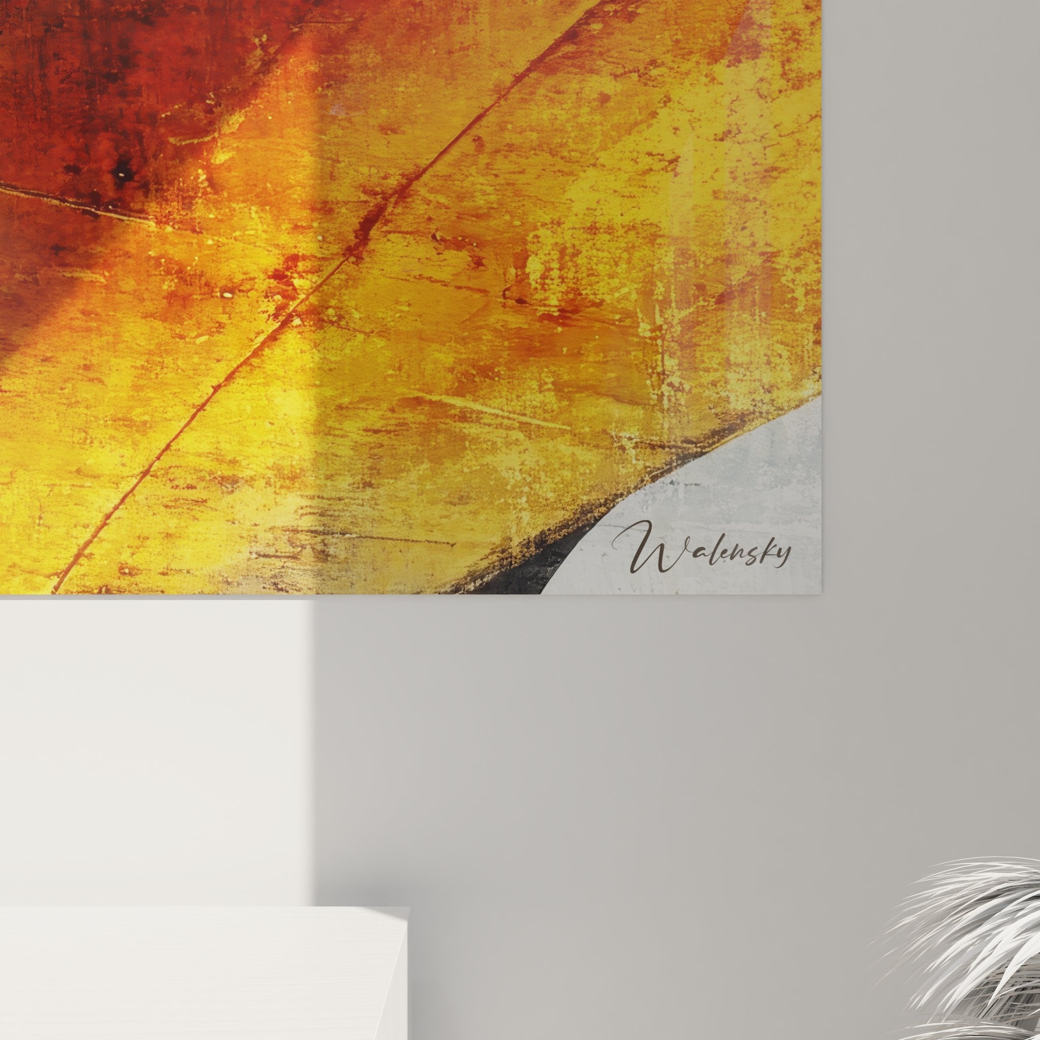 Vue ensemble tableau mural architecture abstraite, œuvre décorative moderne tons chauds et froids