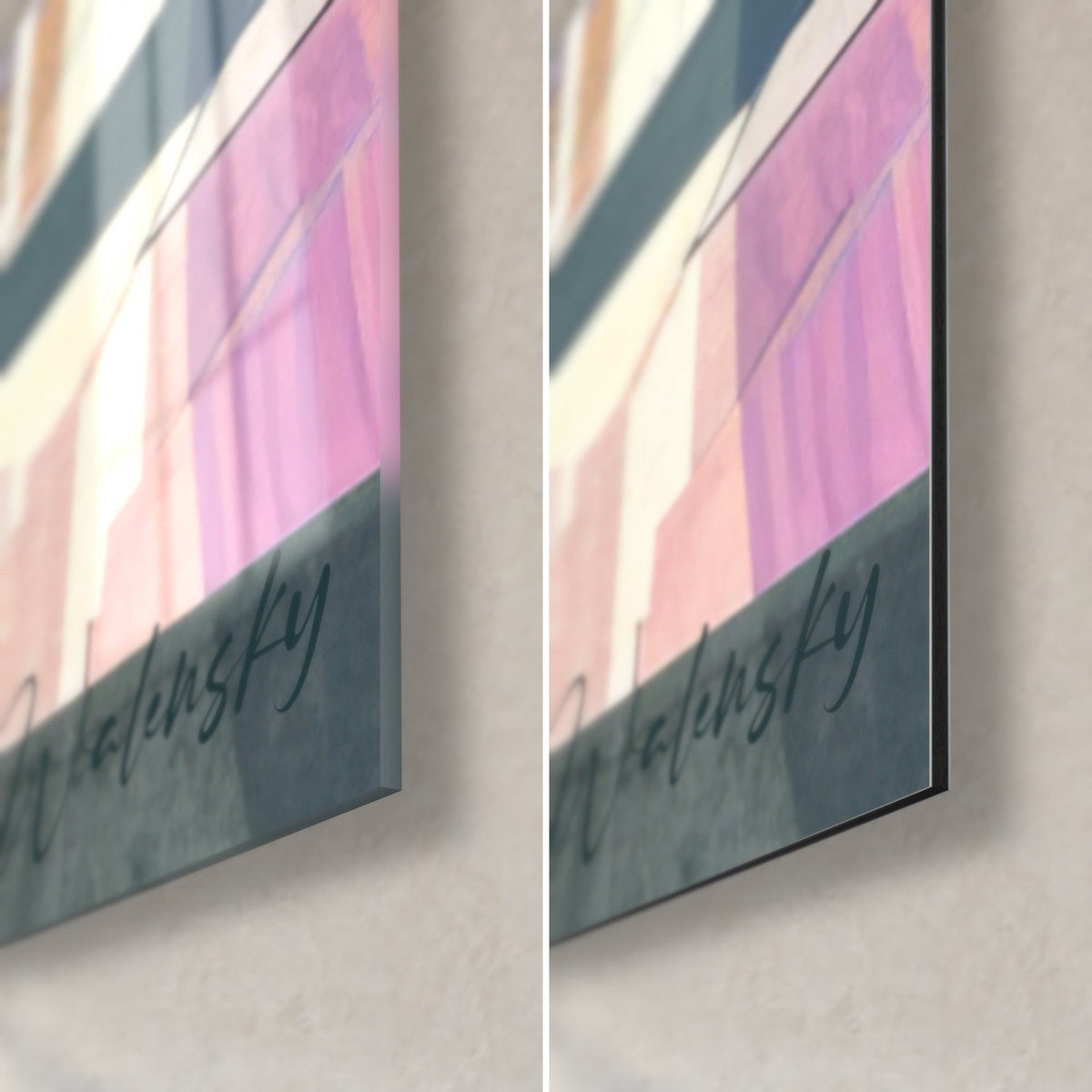 Wall art gothic vaults in collage, pink and dark green bottom-right corner, glossy glass on the left, matte Dibond on the right, 3 mm edge