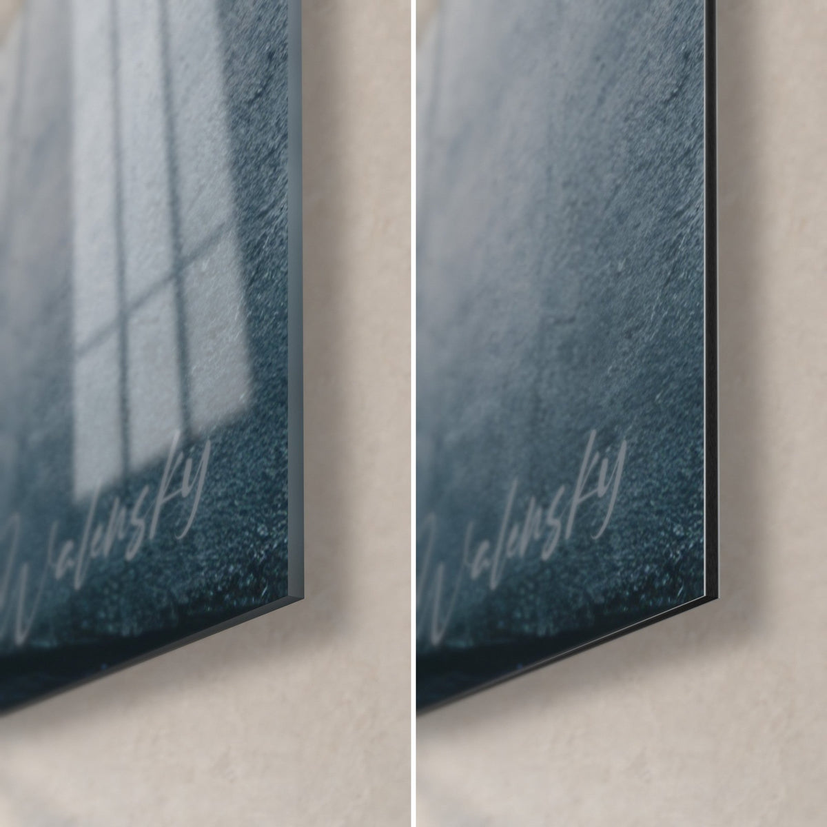 Wall art grey-blue concrete arches, bottom right corner: glossy acrylic glass on the left, matte Dibond on the right, 3 mm edge