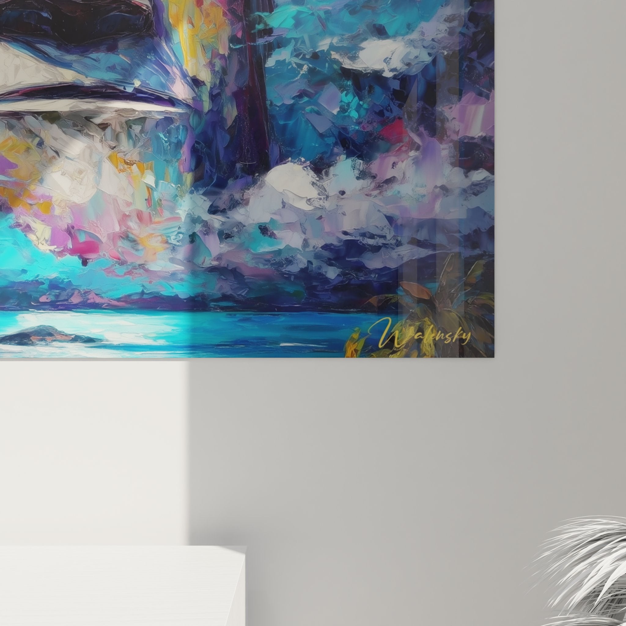 Vue ensemble tableau mural art polynésien Moaï couleurs expressionnistes décoration murale