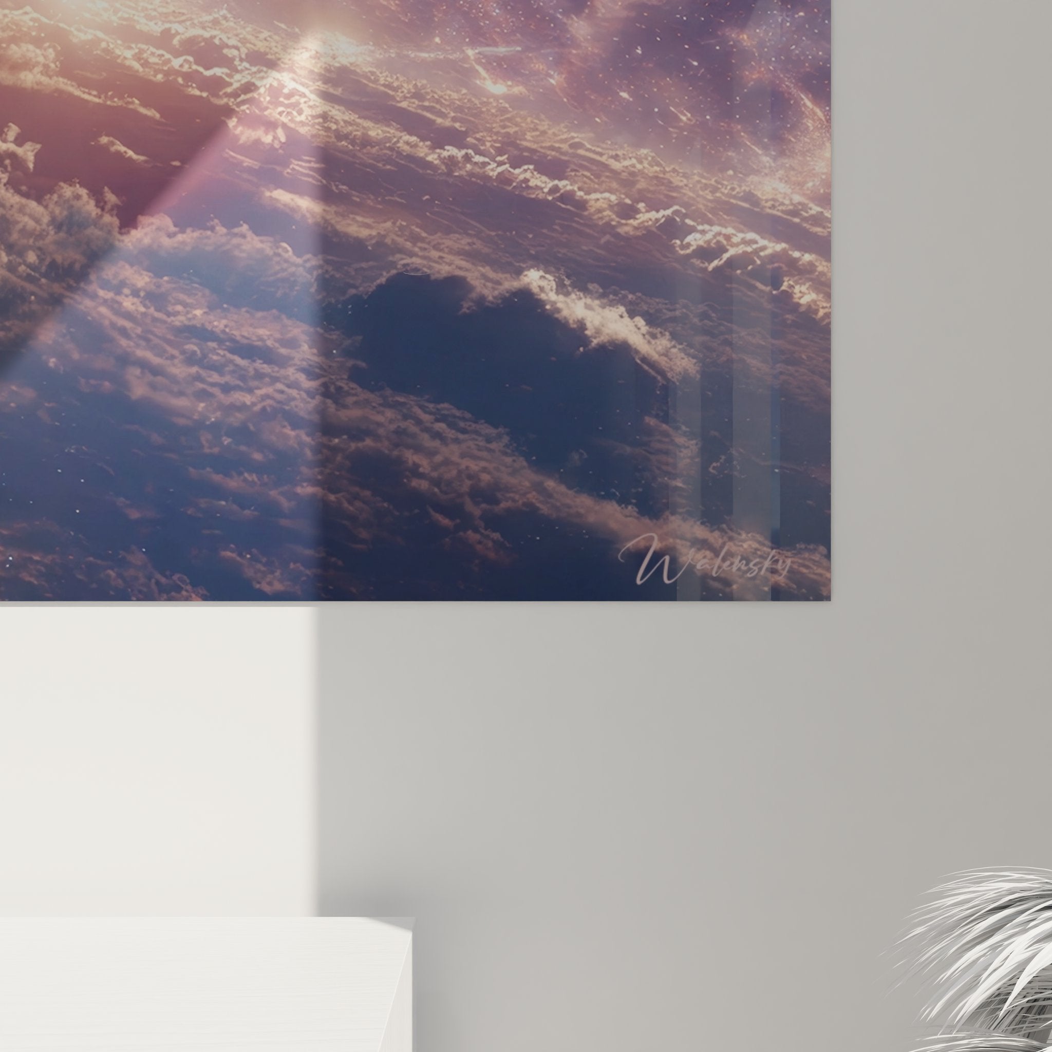 Vue ensemble tableau art spatial nuages dorés exposé mur blanc montrant dimensions et impact décoratif