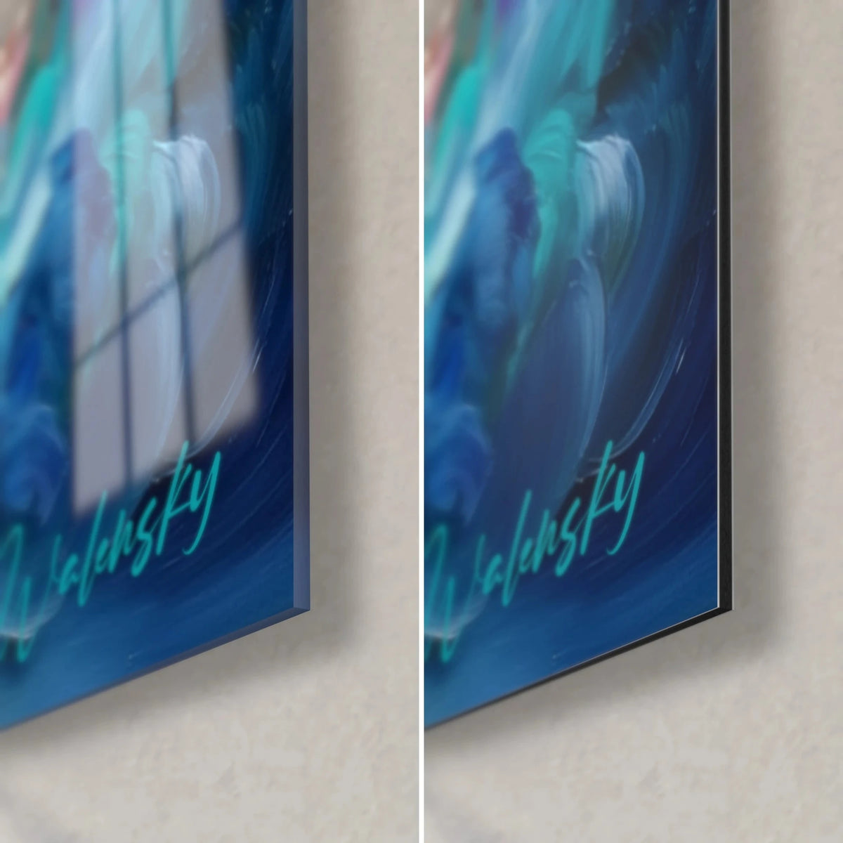 Tableau géant des mers en peinture épaisse bleu nuit et turquoise, verre brillant à gauche, Dibond mat à droite, tranche 3 mm
