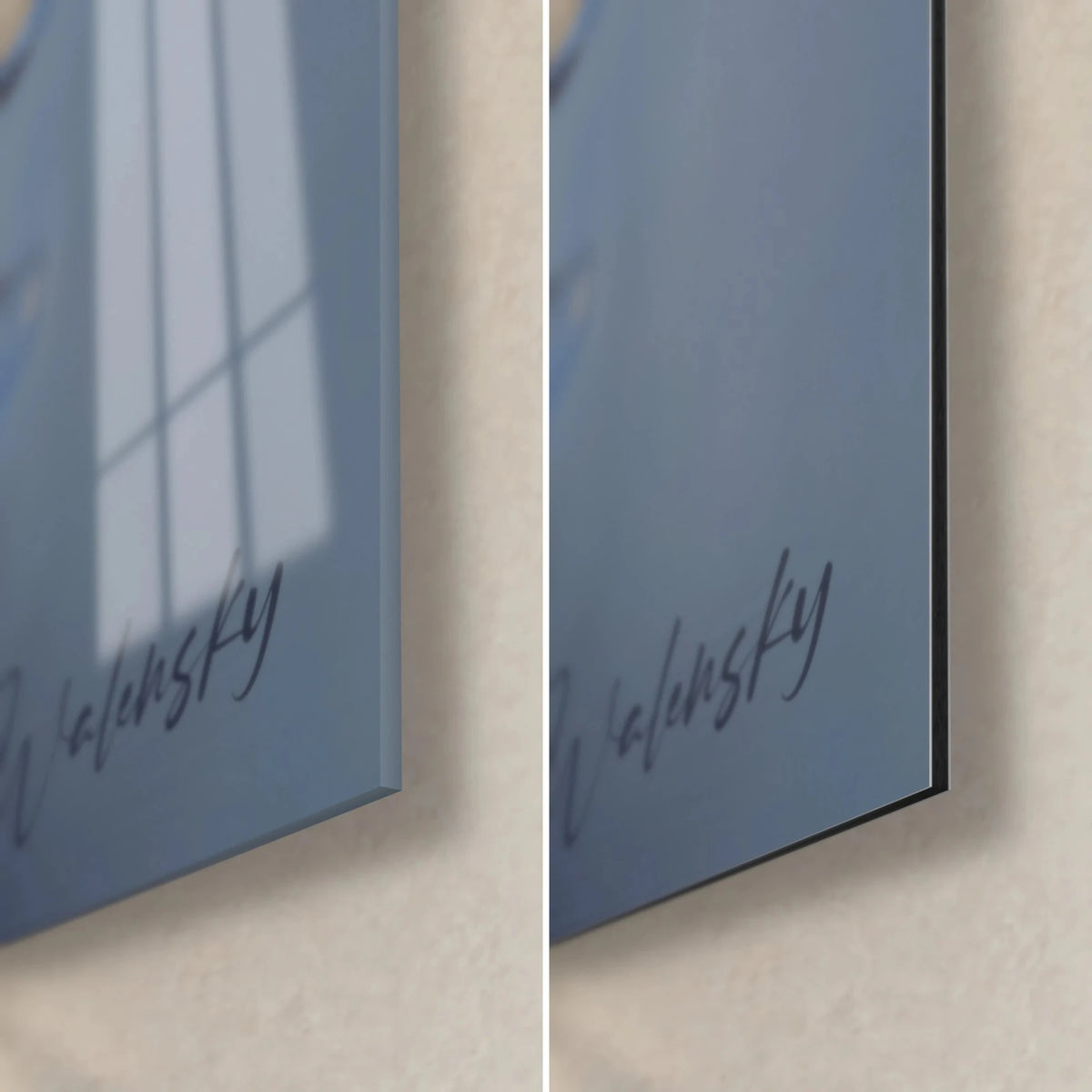 Wall art of a ghostly steel-blue whale, bottom right corner: Walensky signature, glossy glass on the left, matte Dibond on the right, 3 mm edge