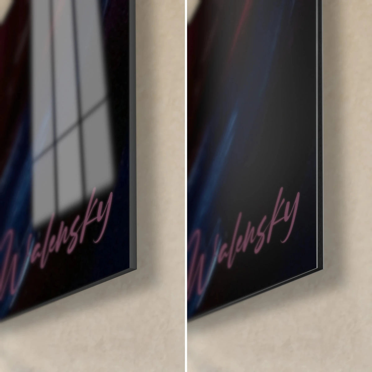 Wall art navy blue dunker, bottom right corner: glossy acrylic glass on the left, matte Dibond aluminium on the right, 3 mm edge