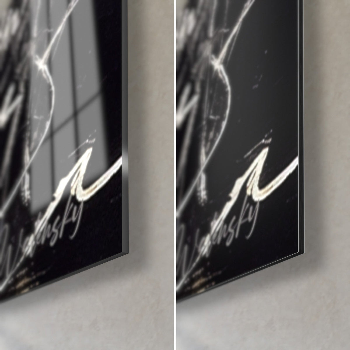 Wall art with abstract calligraphy in black and cream, bottom right corner: glossy acrylic glass on the left, matte Dibond on the right, 3 mm edge