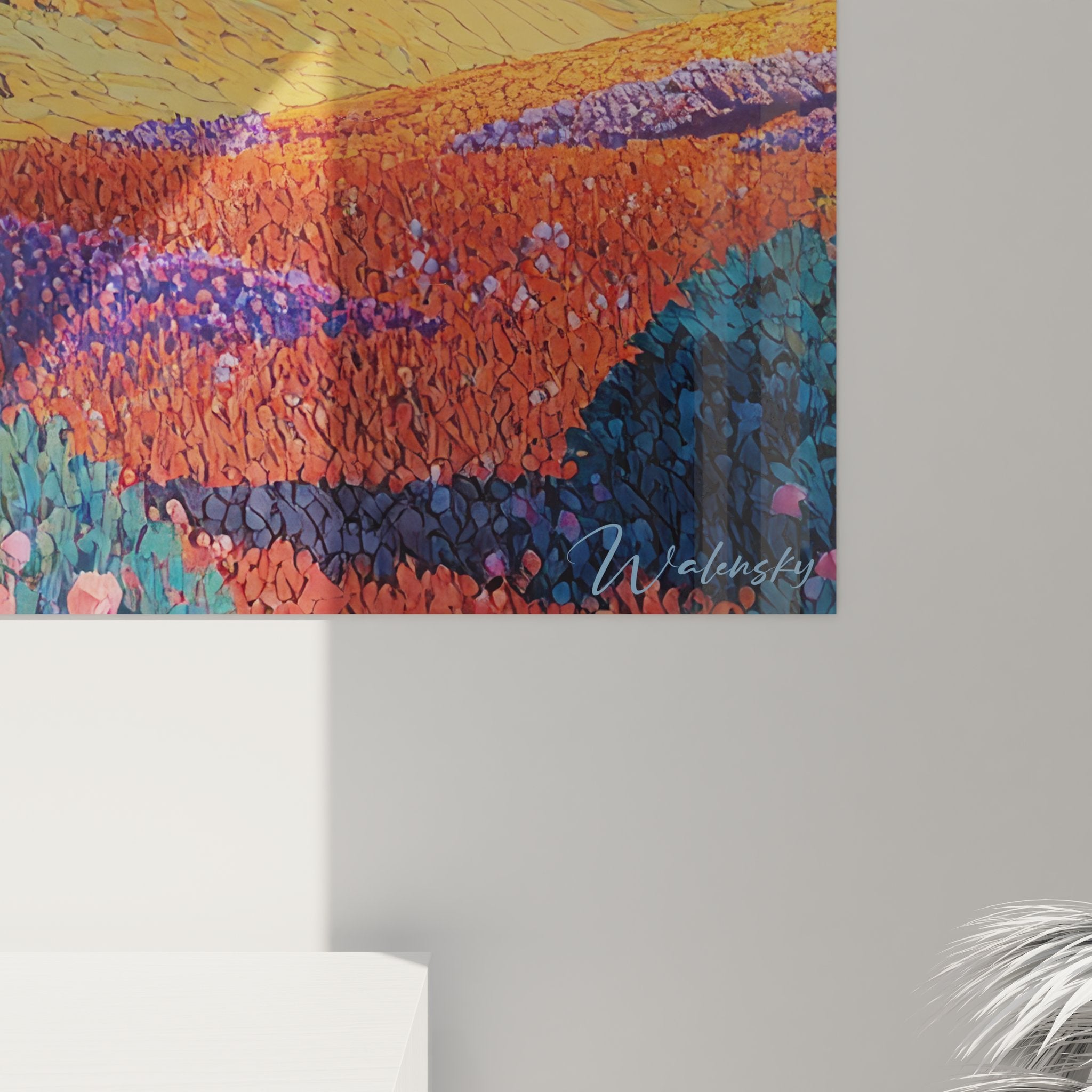 Vue ensemble tableau mural campagne paysage vallonné style moderne coloré