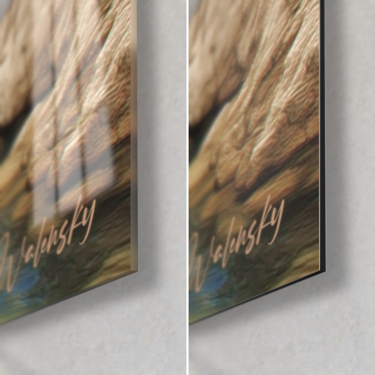 Wall art gorges of beige and turquoise limestone, bottom right corner: glossy acrylic glass on the left, matte Dibond on the right, 3 mm edge