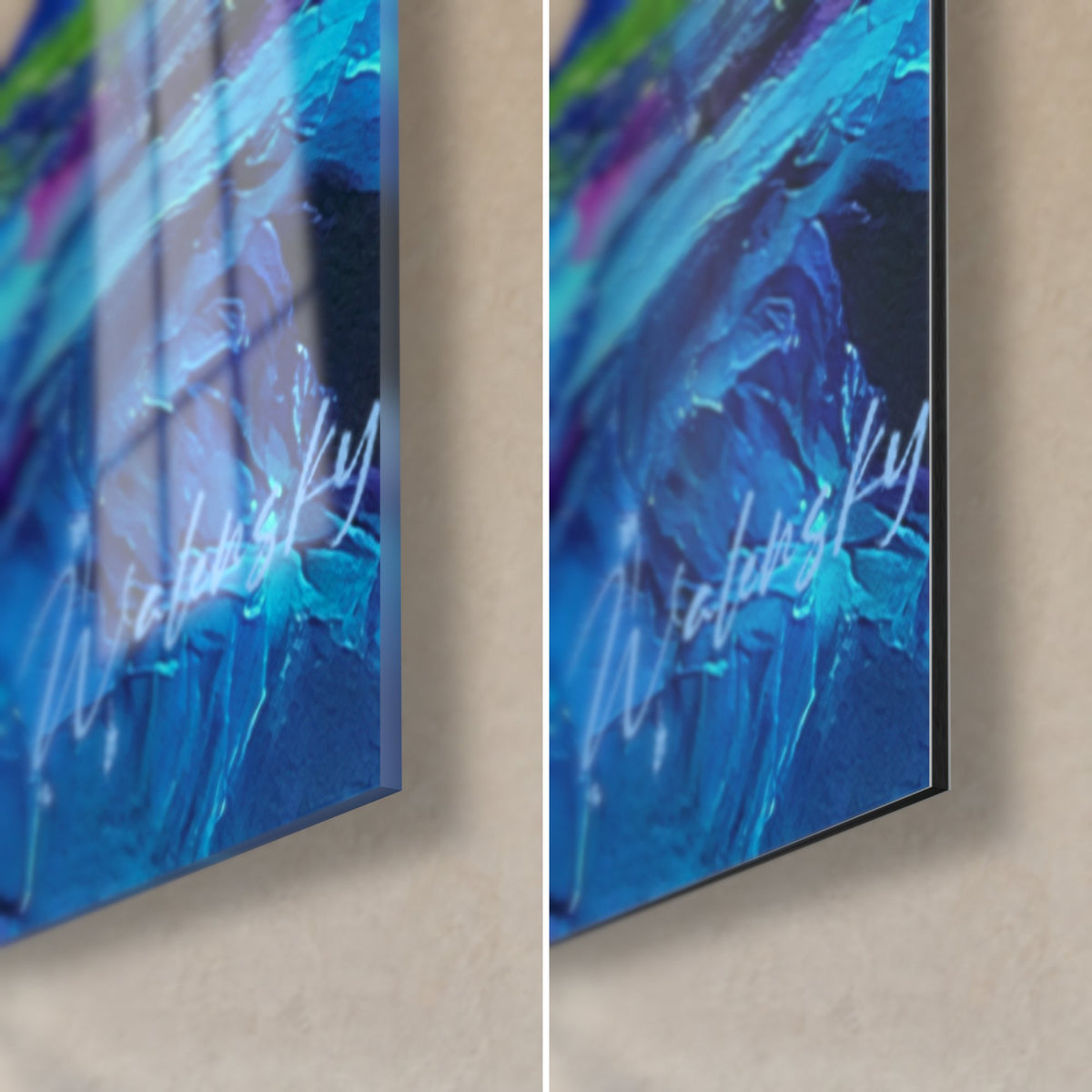 Gemälde Wildbach mit kobaltblauem und türkisem pastosem Farbauftrag, untere rechte Ecke: glänzendes Acrylglas und matt gebürstetes Dibond-Aluminium, 3 mm Kante
